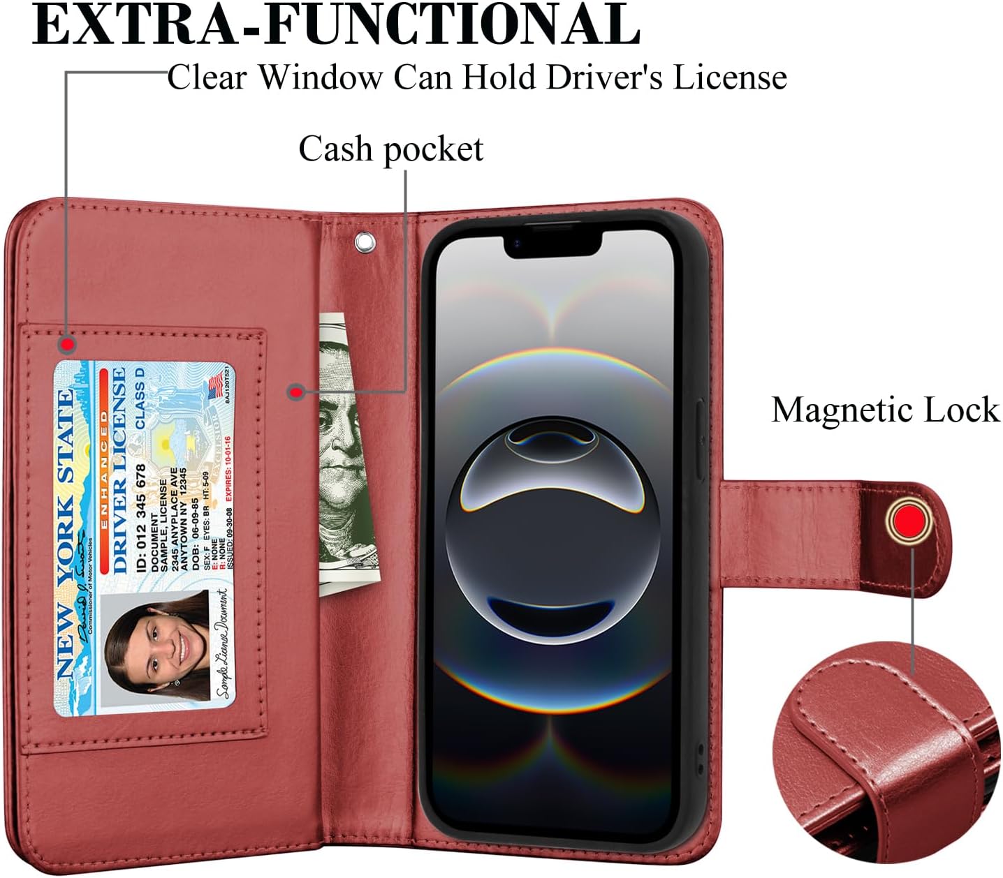 Takfox Wallet Case for iPhone 16E, for iPhone 16E 6.1" Case, PU Leather Credit Card Holder [9 Card Slots] Folio Flip Detachable Magnetic Cover Kickstand & Lanyard for iPhone 16 E /SE4 2025, Wine Red - Image 3