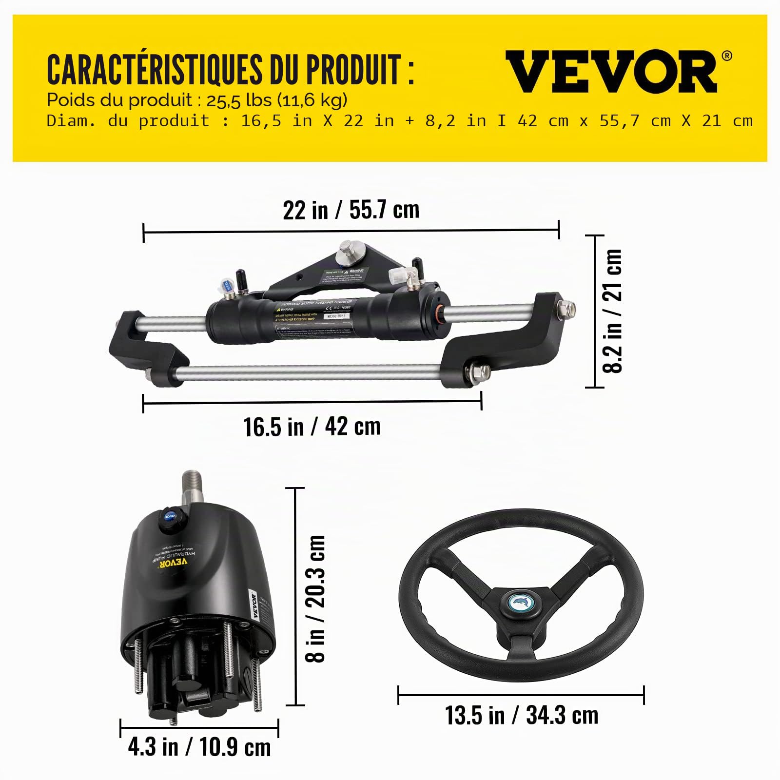 VEVOR Kit de Direction Hydraulique pour Bateau 300 HP, Cylindre de Direction Hors-Bord, Pompe à Barre avec Volant et Tuyau de Direction Hydraulique de 6,7 m, pour Système de Direction des Bateaux
