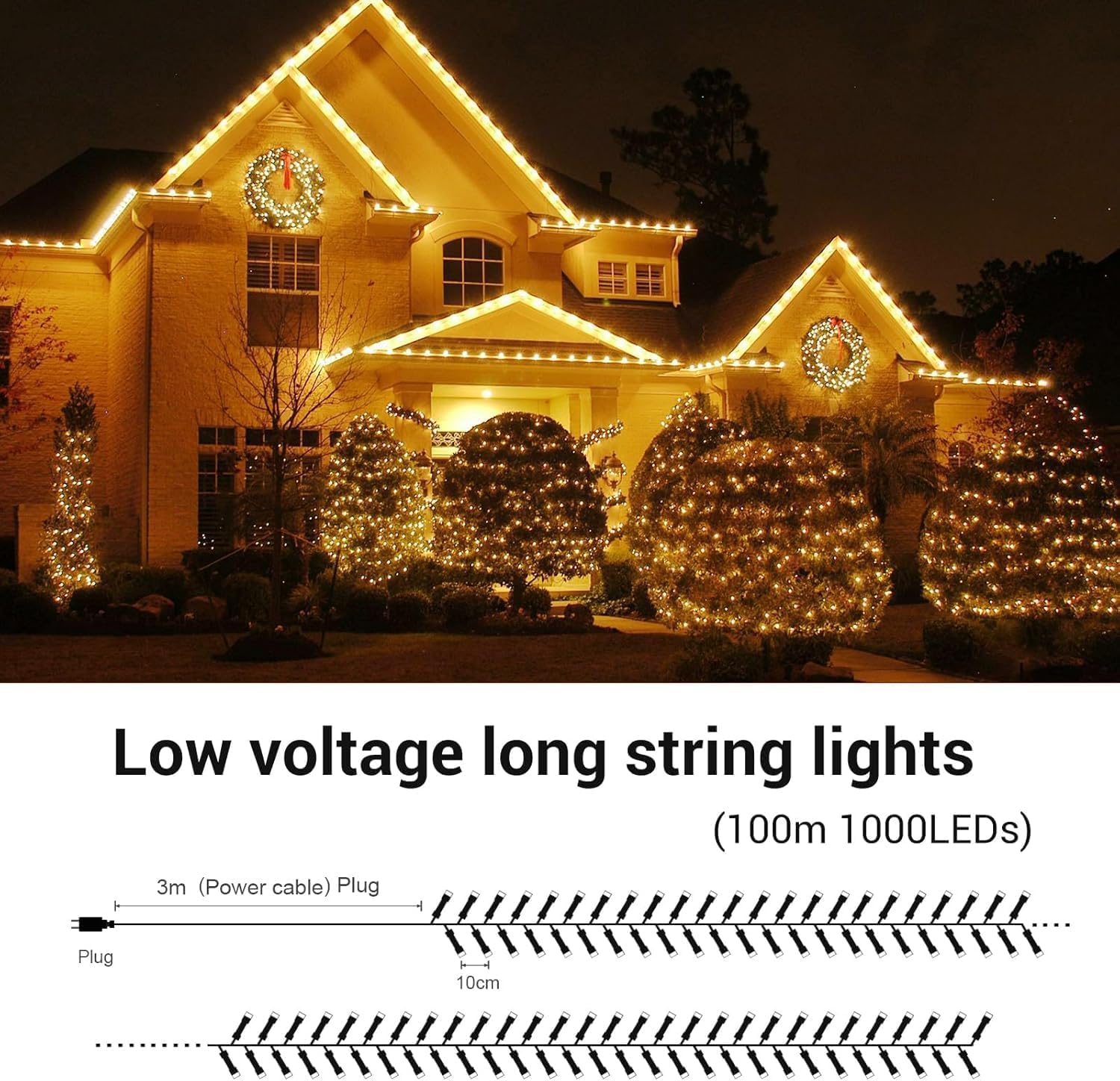 Marchpower Guirlande Lumineuse 100M 1000Leds - 8 Modes d'éclairage IP44 Étanche avec Prise Extérieur et Intérieur Guirlande Lumineuse Noël pour Jardin