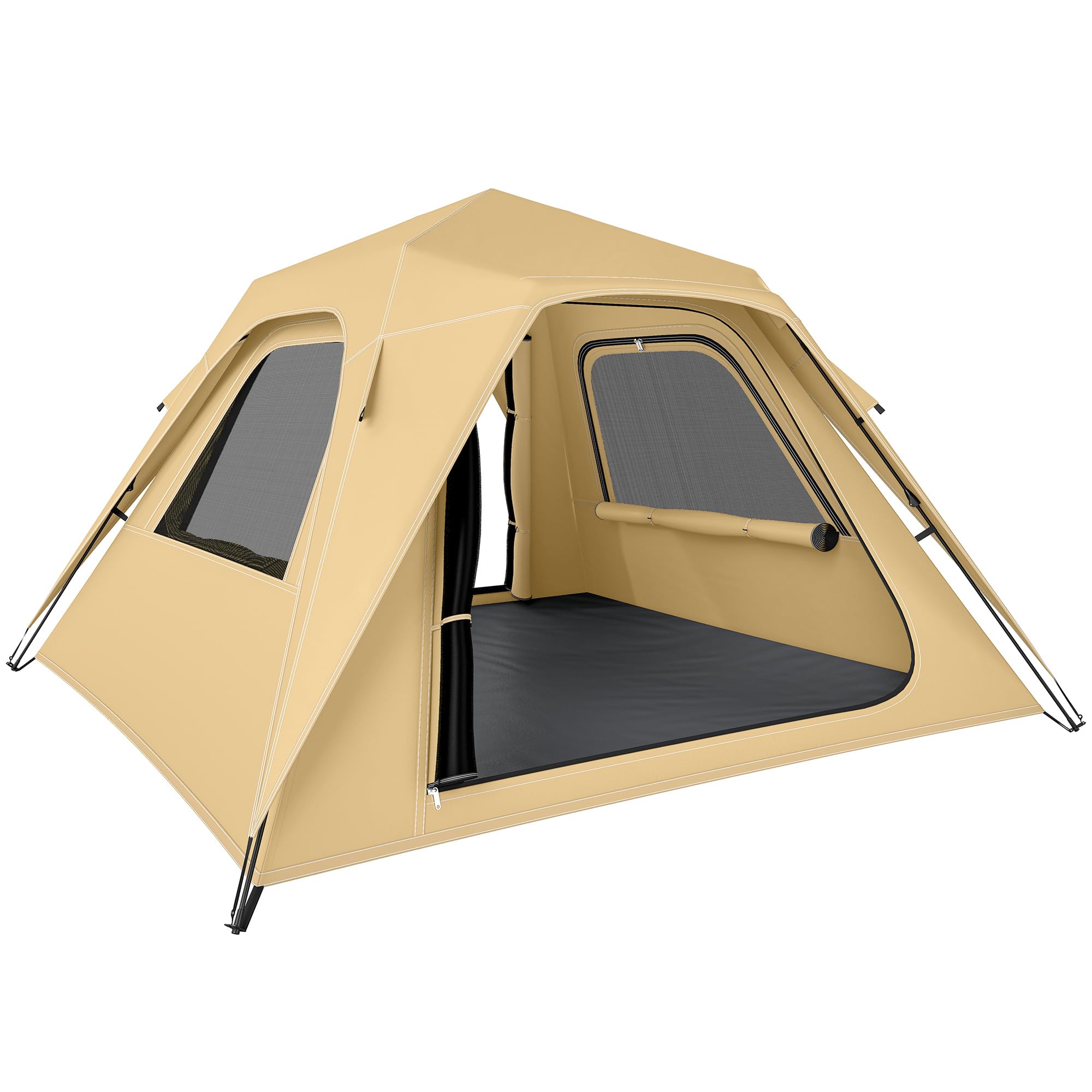 Outsunny Pop Up Tent, Instant Camping Tents with Mesh Windows and Carry Bag, 3000mm Waterproof & UPF50+ Protection, for 2-3 People, Khaki, (Stakes Included)