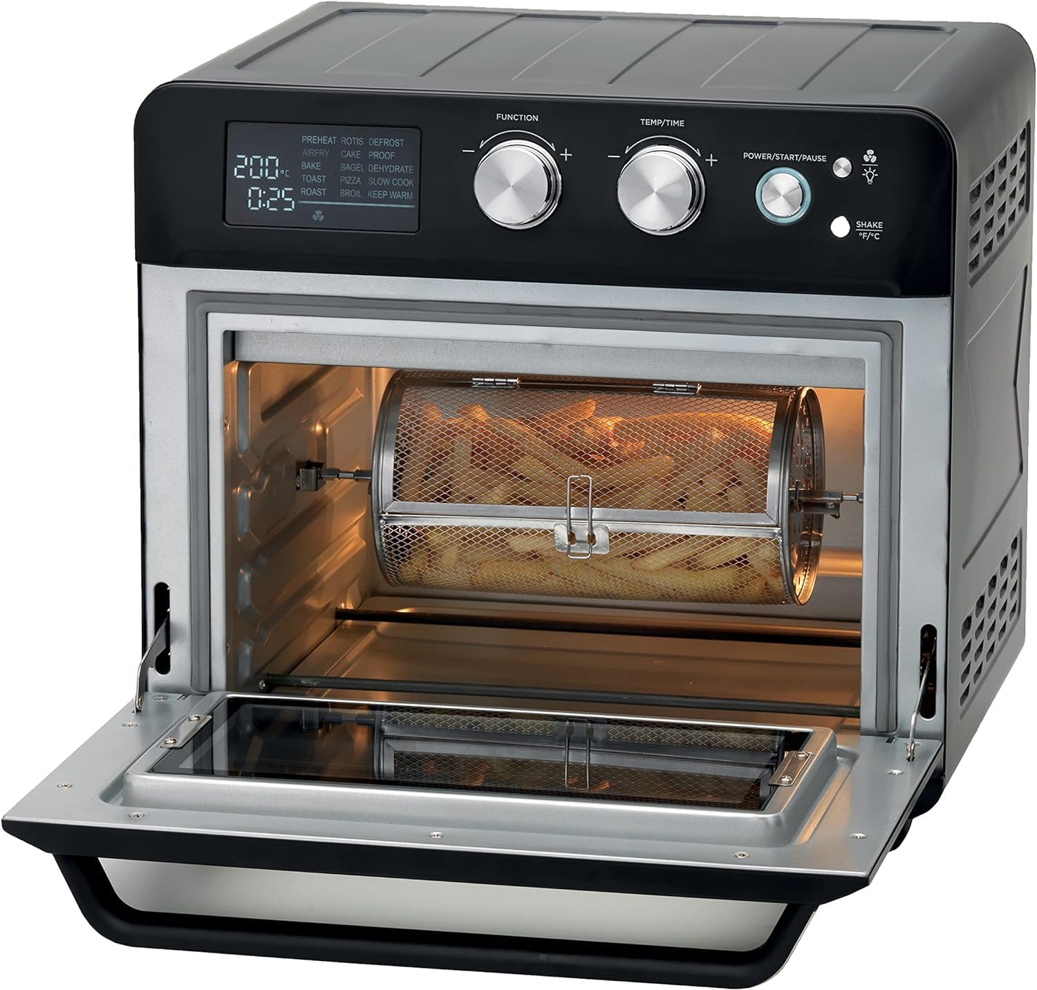 KENWOOD 2-in-1 25L Toaster Oven + Air Fryer with rotating air fryer basket containing fries