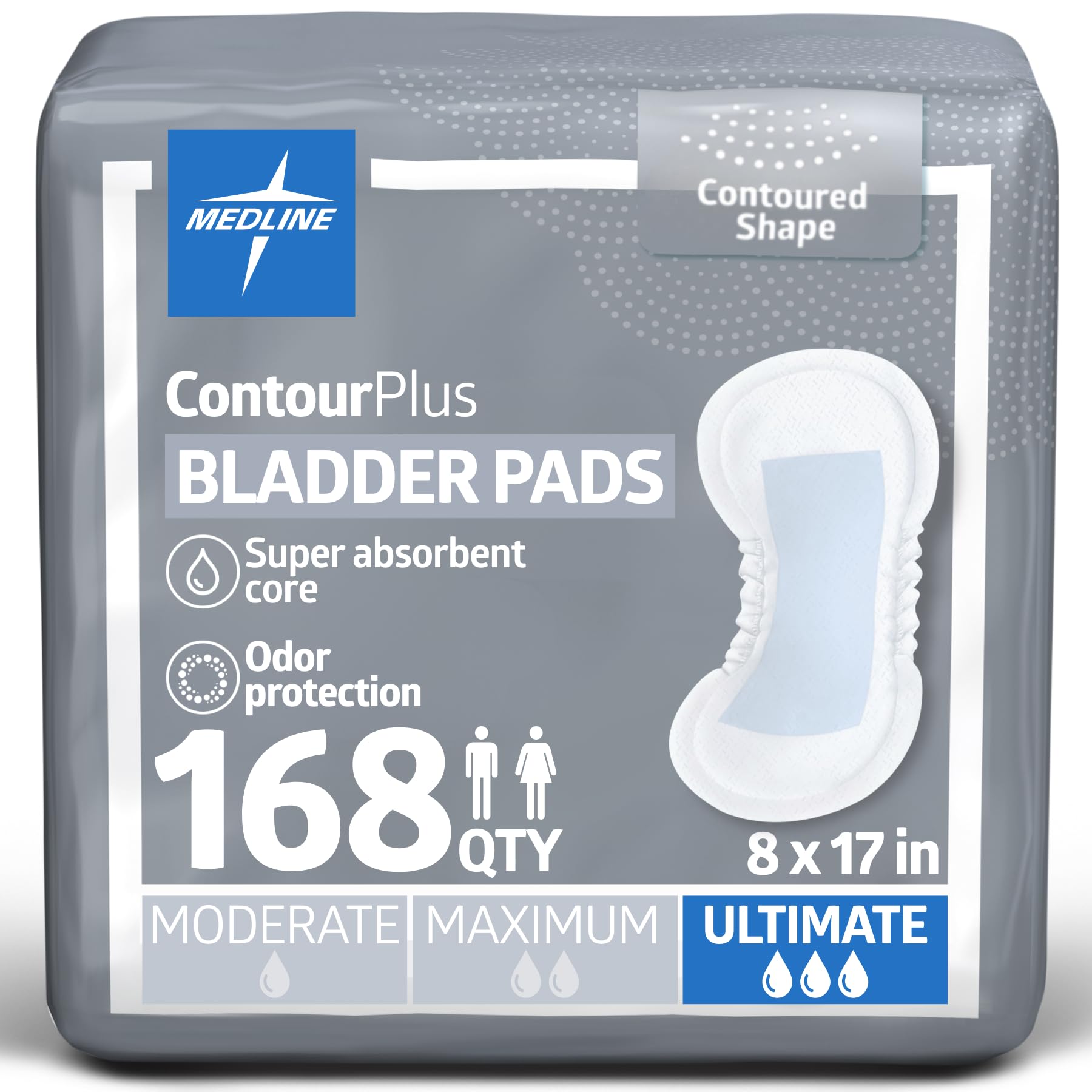 ContourPlus Bladder Pads, Women & Men, Discreet, Long Length, Incontinence, Overnight, Postpartum, Leaks, Ultimate Absorbency, 8x17, 168-Count