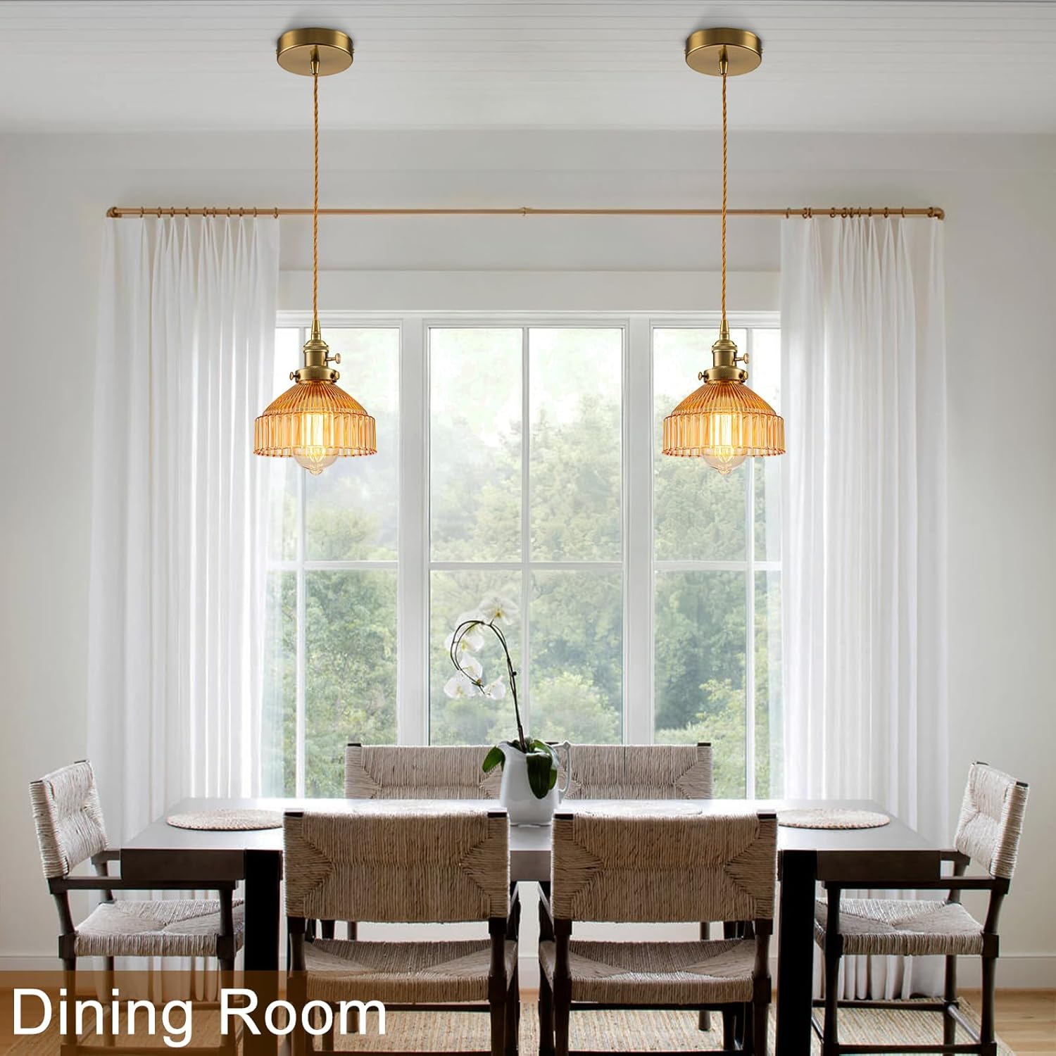 Pendant Light Kitchen Island, Amber Pendant Light with Rotating Switch, 6.7" Mid Century Glass Hanging Light Fixture for Dining Room Bedroom Hallway Bathroom Bar, Adjustable Height