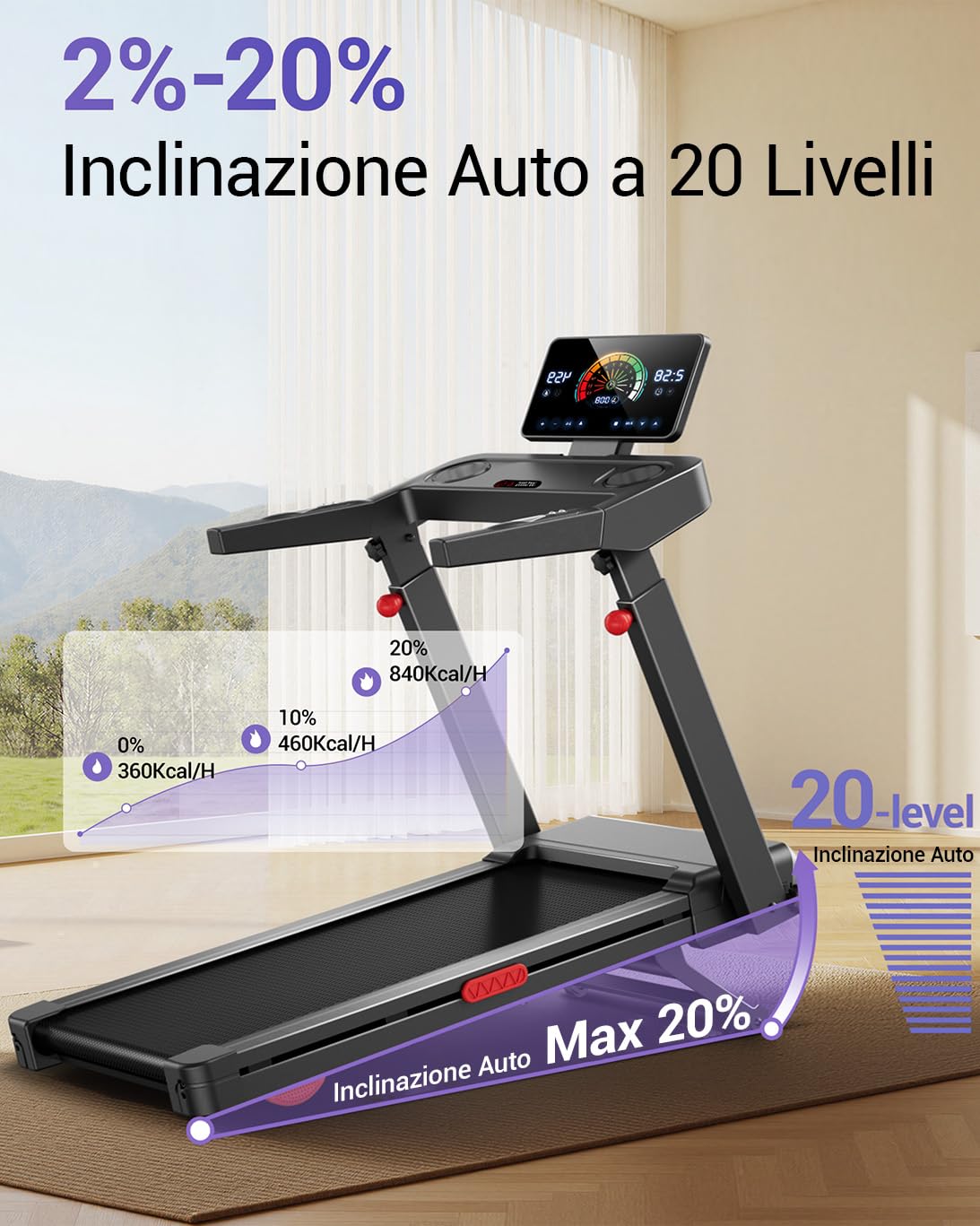 UMAY Tapis Roulant con Inclinazione 20% Automatica, Carico Massimo 180 KG | 14KM/H Tapis Roulant Elettrico con Console Regolabile su 4 Livelli, 3,5 HP Tapirulan Pieghevole