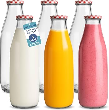 HEFTMAN Glass Milk Bottles with Lids - Empty 1 Litre Set of 6 Airtight Glass Milk Bottle with Red Gingham Lids for Beverages, Liquids & D cor - Retro Juice Bottles for Weddings, BBQ's & Picnics