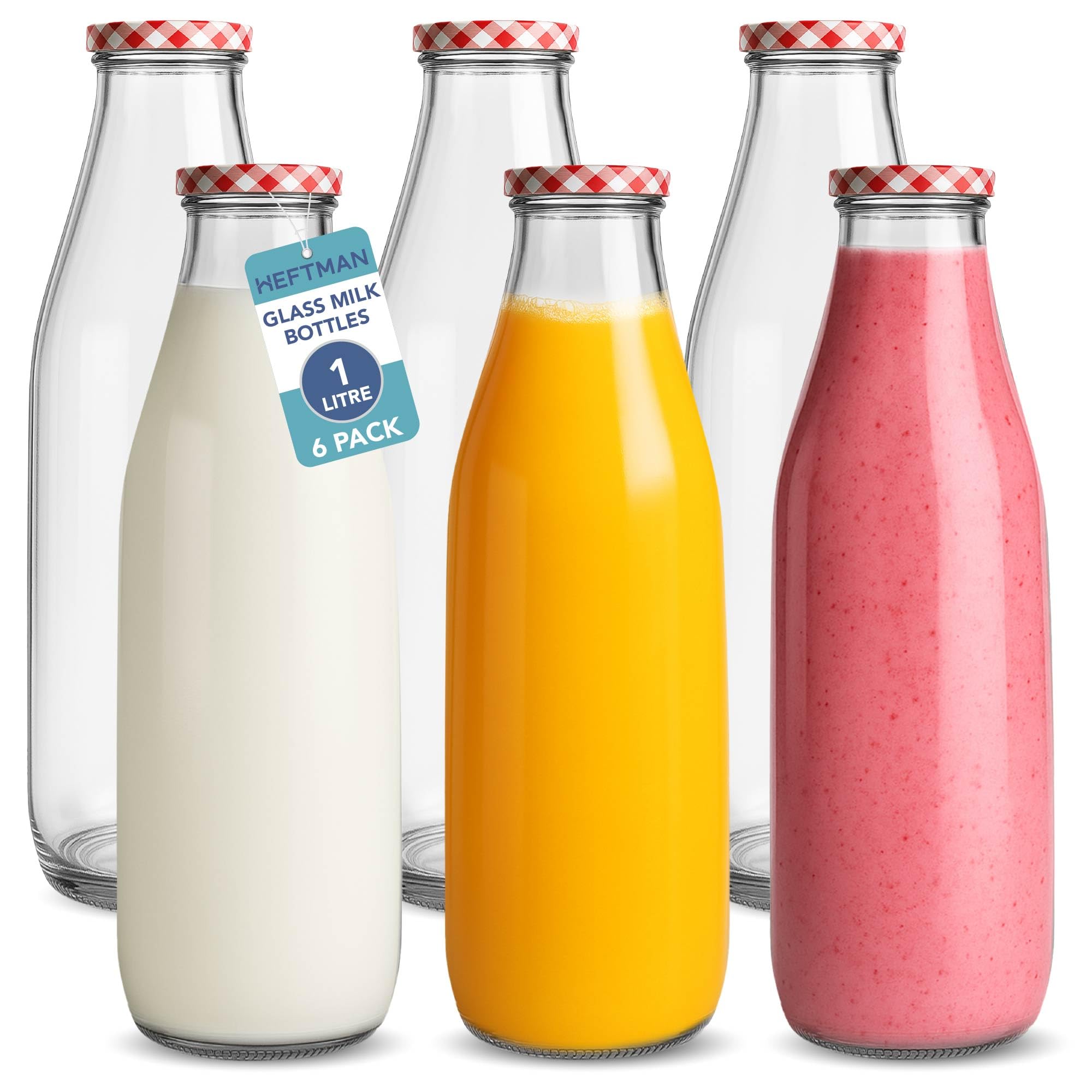 HEFTMAN Glass Milk Bottles with Lids - Empty 1 Litre Set of 6 Airtight Glass Milk Bottle with Red Gingham Lids for Beverages, Liquids & Décor - Retro Juice Bottles for Weddings, BBQ's & Picnics