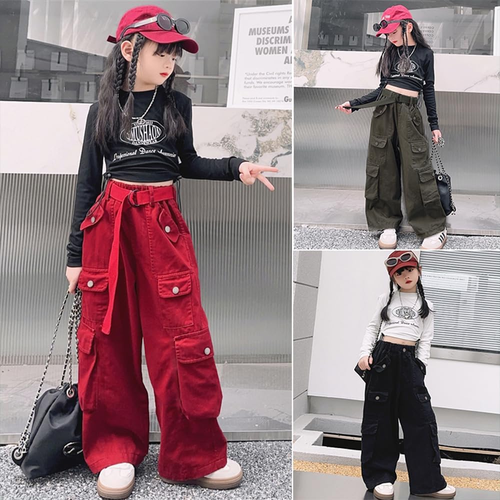 AOWKULAE Girls Loose Casual Pants Cargo Pants Waist Wide Leg Pants Kids 6-14 Years - Image 8