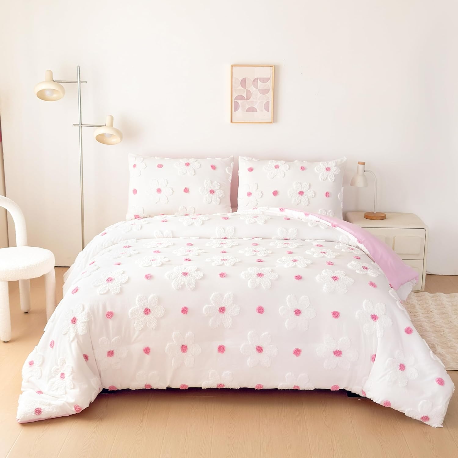 Floral Bedding Set for Girls - Soft Polyester Twin Comforter Set for Girls, Flower Comforter Set for Kids, Pink & White Cute Decorative Twin Bedding Set, All-Season Comfort Set