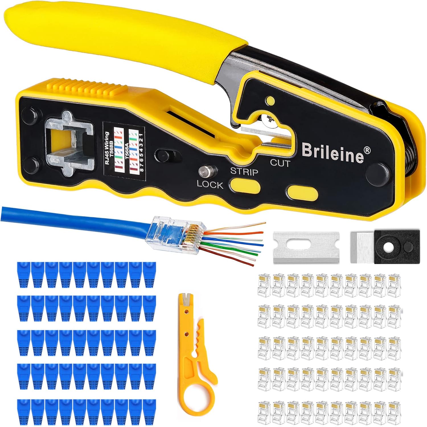 Brileine RJ45 Crimp Tool Pass Through RJ45 Crimper Allinone