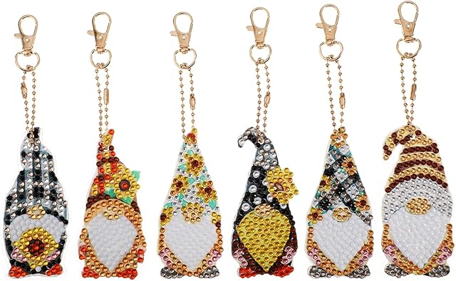 MWOOT 6Pcs 5D Gnome Diamond Art Painting Keychain Kit, DIY Sunflower Elf Double Sided Rhinestone Painting Key Chains Pendant Handicraft Keyrings for Kids Adults Beginners