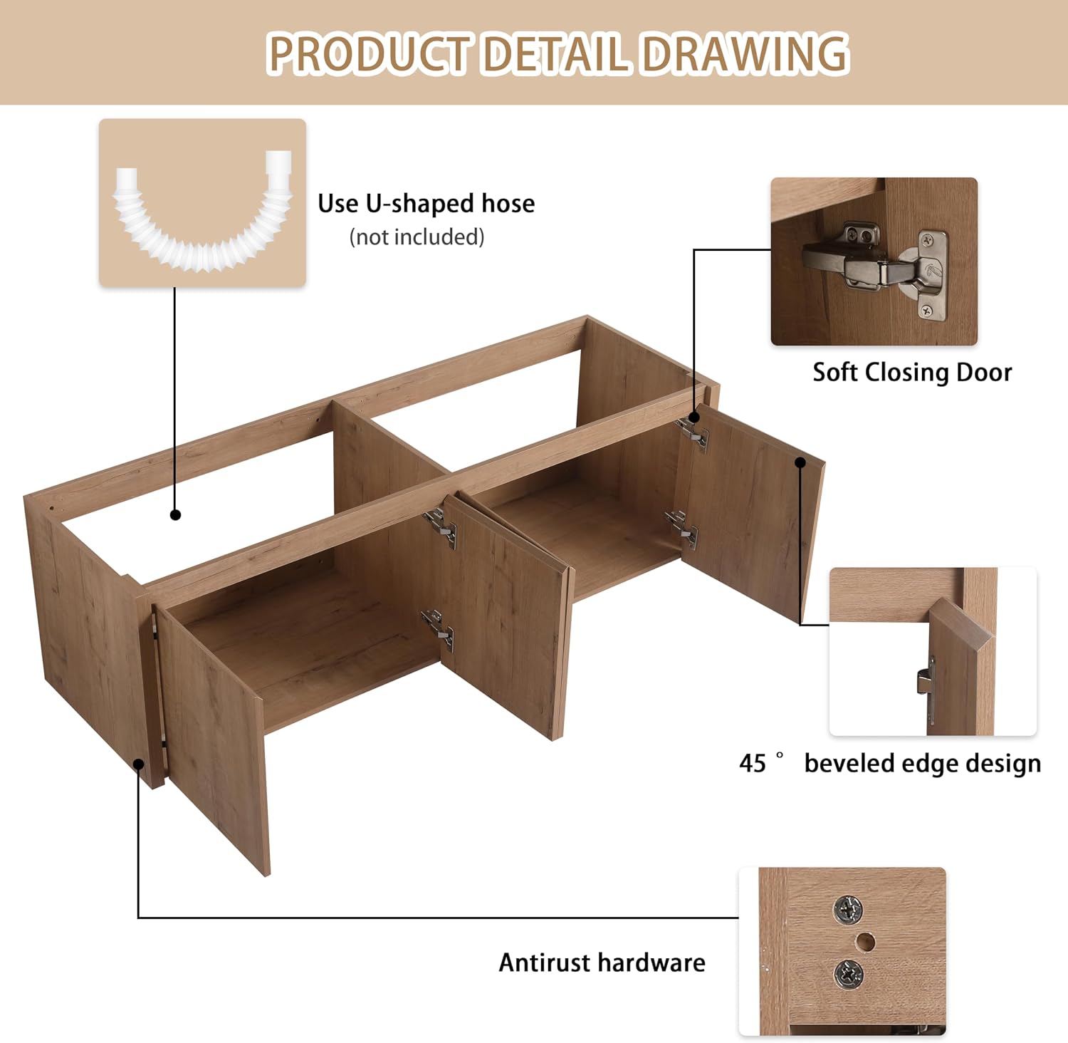 60 Inch Bathroom Vanity Without Sink, 60" Floating Vanity Without Top, Modern Wall Mounted Cabinet for Large Space, Large Bathroom Storage Cabinet with 4 Soft-Closing Doors and Hidden Handles
