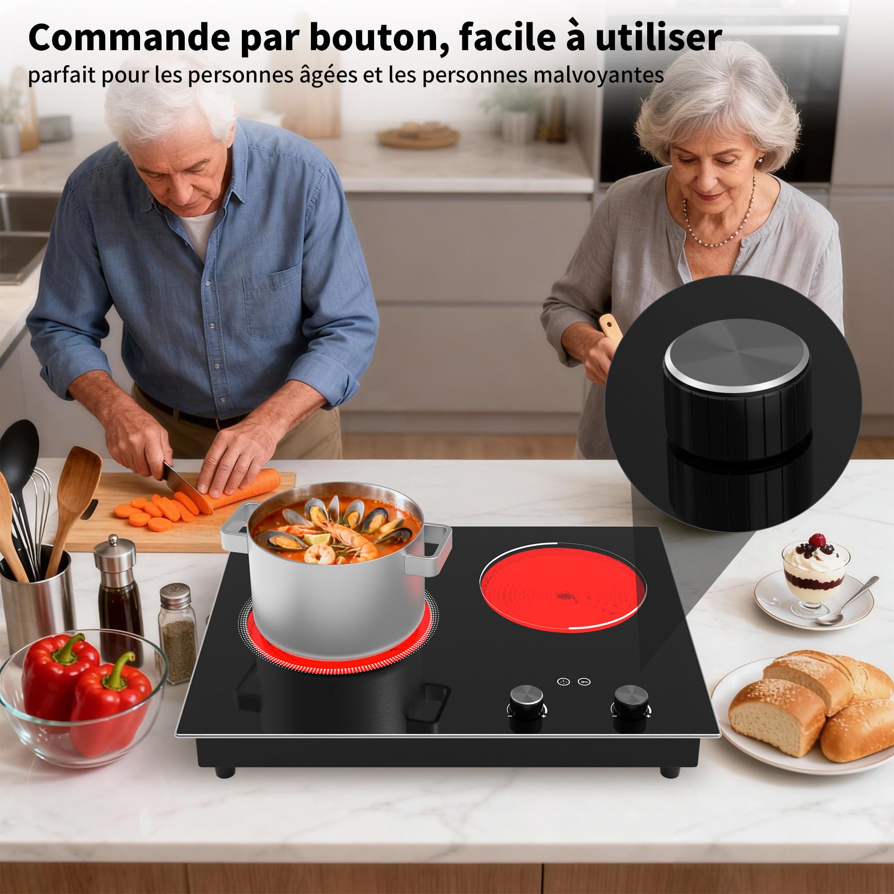 VBGK plaque vitrocéramique 2 feux, plaque de cuisson 3000 W 9 niveaux de chauffe, minuterie et sécurité enfant, commande tactile à bouton LED avec prise