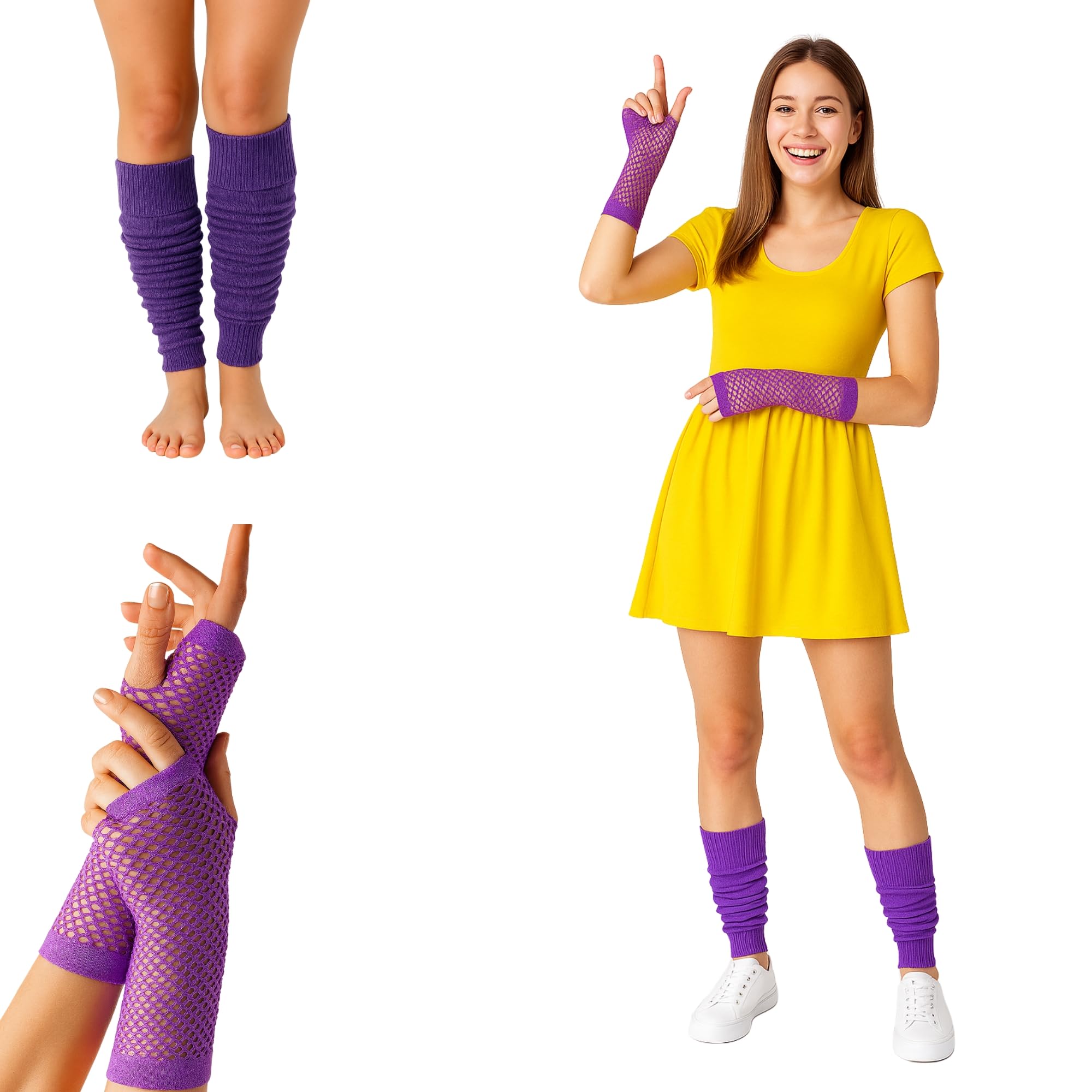 Fna Fashions Women's Purple Neon Long Fishnet Gloves And Leg Warmers Fancy Hen Night 80’S Party Novelty Dress (, One Size)