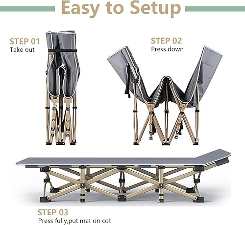 Miniatura 5 de Catre plegable para adultos (máximo 600 libras) Catres de dormir resistentes para acampar con colchón y bolsa de transporte, cama Oxford de capa