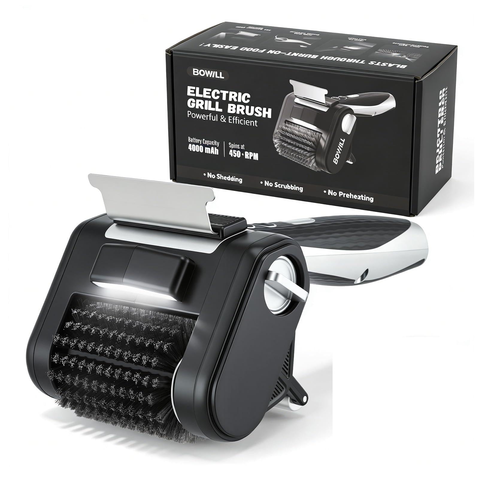 Brosse Électrique pour Barbecue, Brosse Nettoyage de Gril sans Fil 450 TR/Min avec LED, Rouleau en Acier Inoxydable 304, Batterie 4000 mAh 3-4 Heures, Accessoire Barbecue pour Tous Types de Grilles