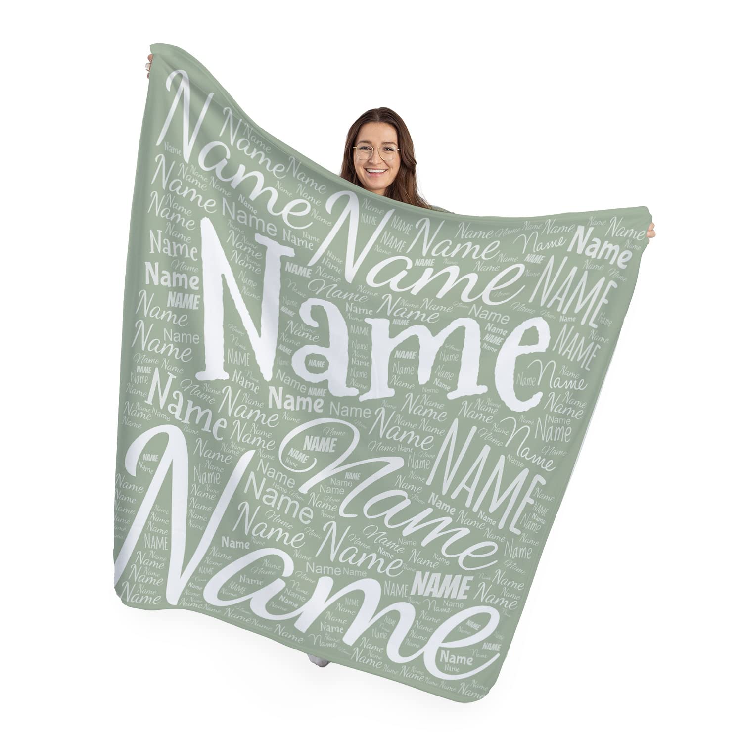 Name Collage Personalised Fleece Throw Blanket | 150cm x 150cm Large Fleece Blanket Idea | Made In England (Green)