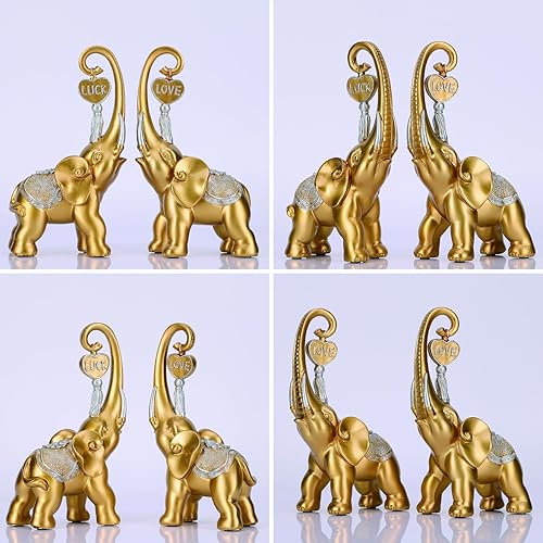 Miniatura 7 de Juego de 2 piezas de estatua de elefante dorado, escultura de elefante de amor, decoración del hogar, decoración del hogar, decoración de entrada,