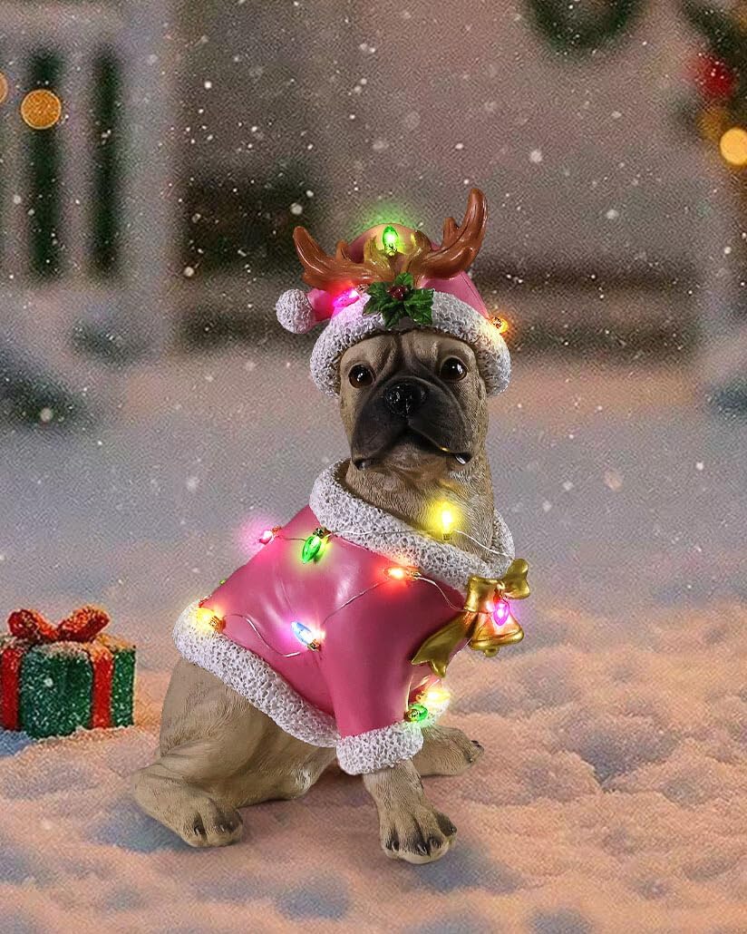 Outdoor Christmas Dog Statue - Santa's Gifts Pink Christmas Decor Bulldog with Pink Santa Hat and Led Lights for Home Indoor Outdoor Sculpture