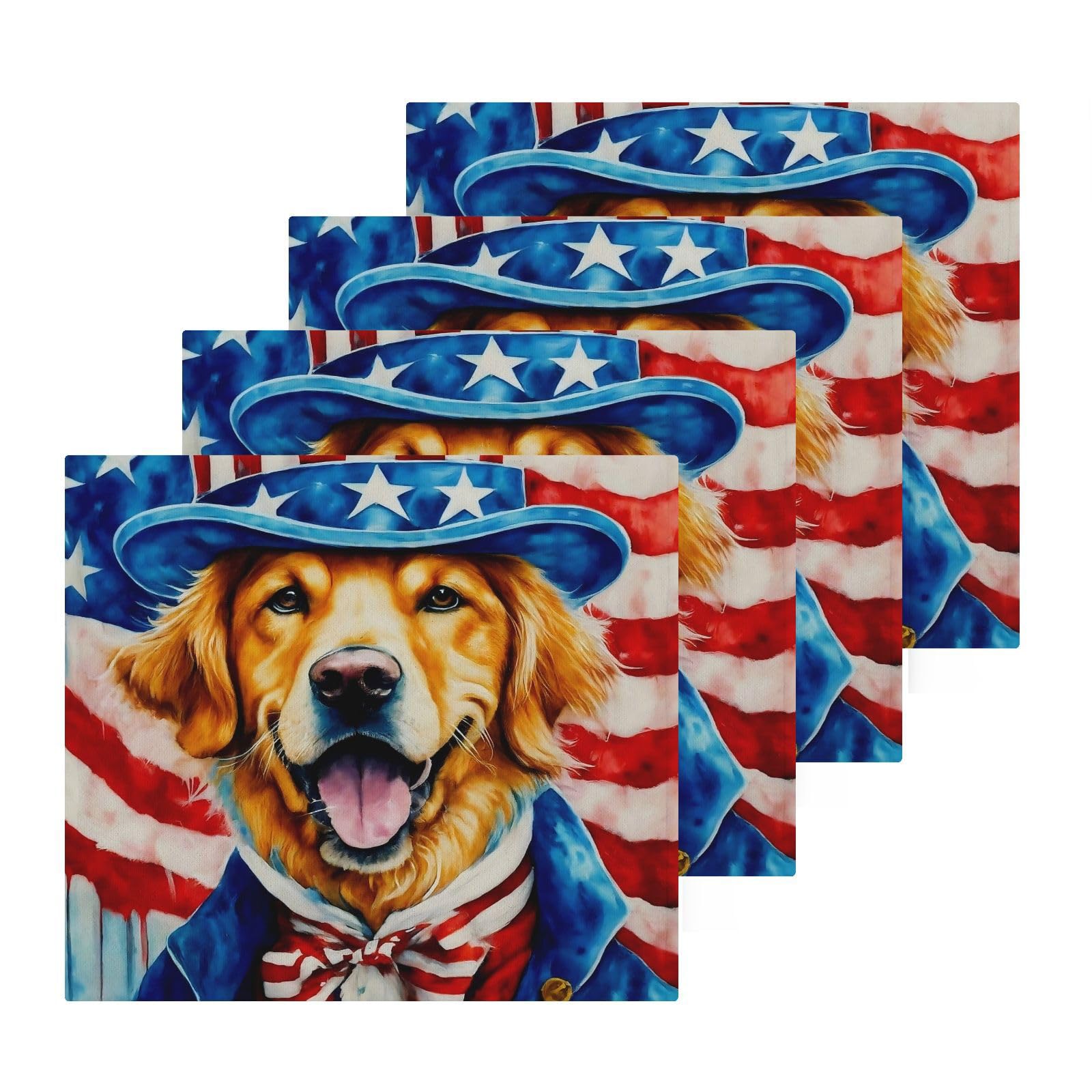 YANENDIE Independence Day Golden Retriever Washcloths Towels, Highly Absorbent and Soft Cotton Face Cloths, 4 Pack Quick Dry Wash Cloths - 12 X 12 Inches