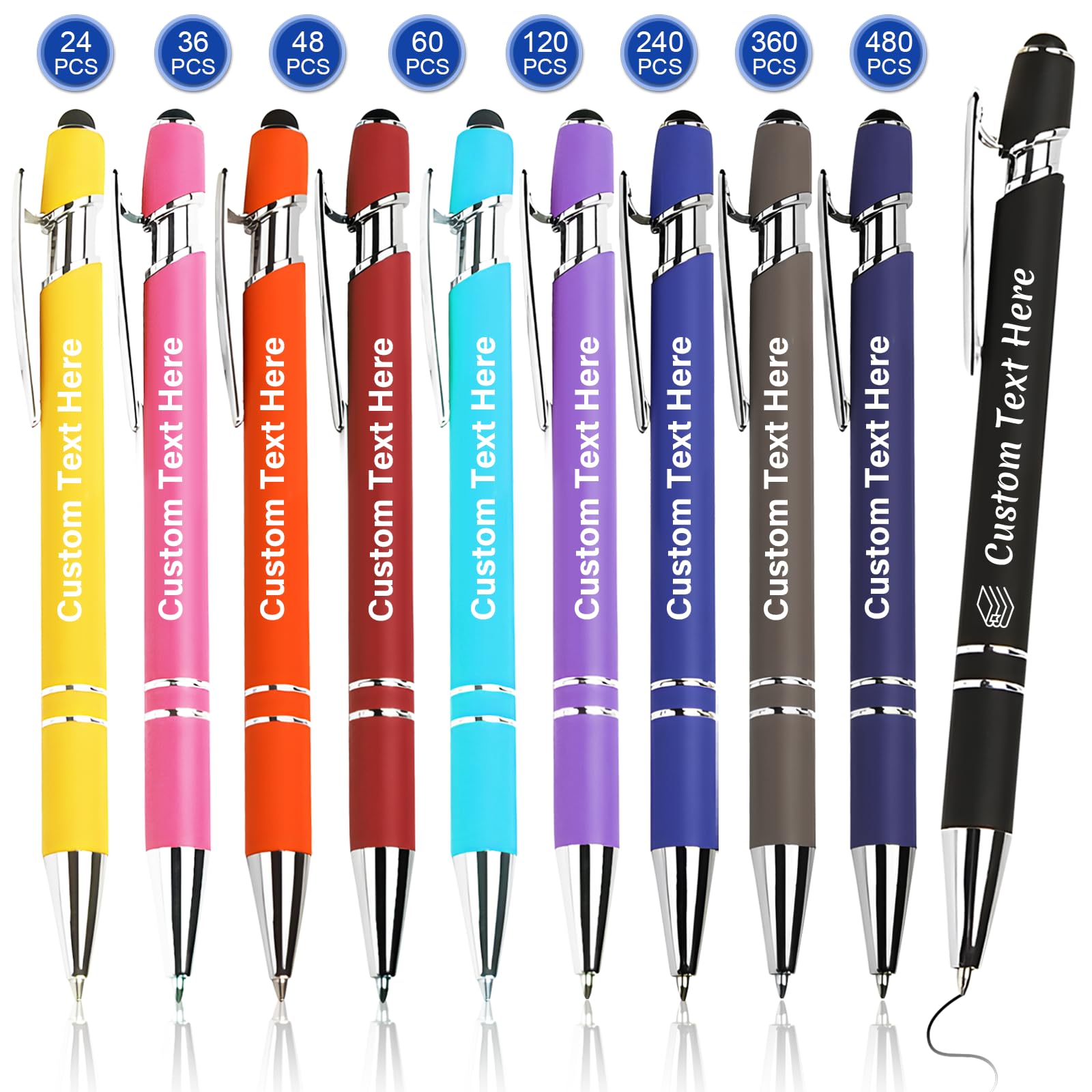 QORUPUGE 1-480 Pcs Personalised Pens Bulk Personalised Pen Metal Ballpoint Pens with Stylus Customised Engraving Pen with LOGO & TEXT Message Business Promotions Schools Office Gifts