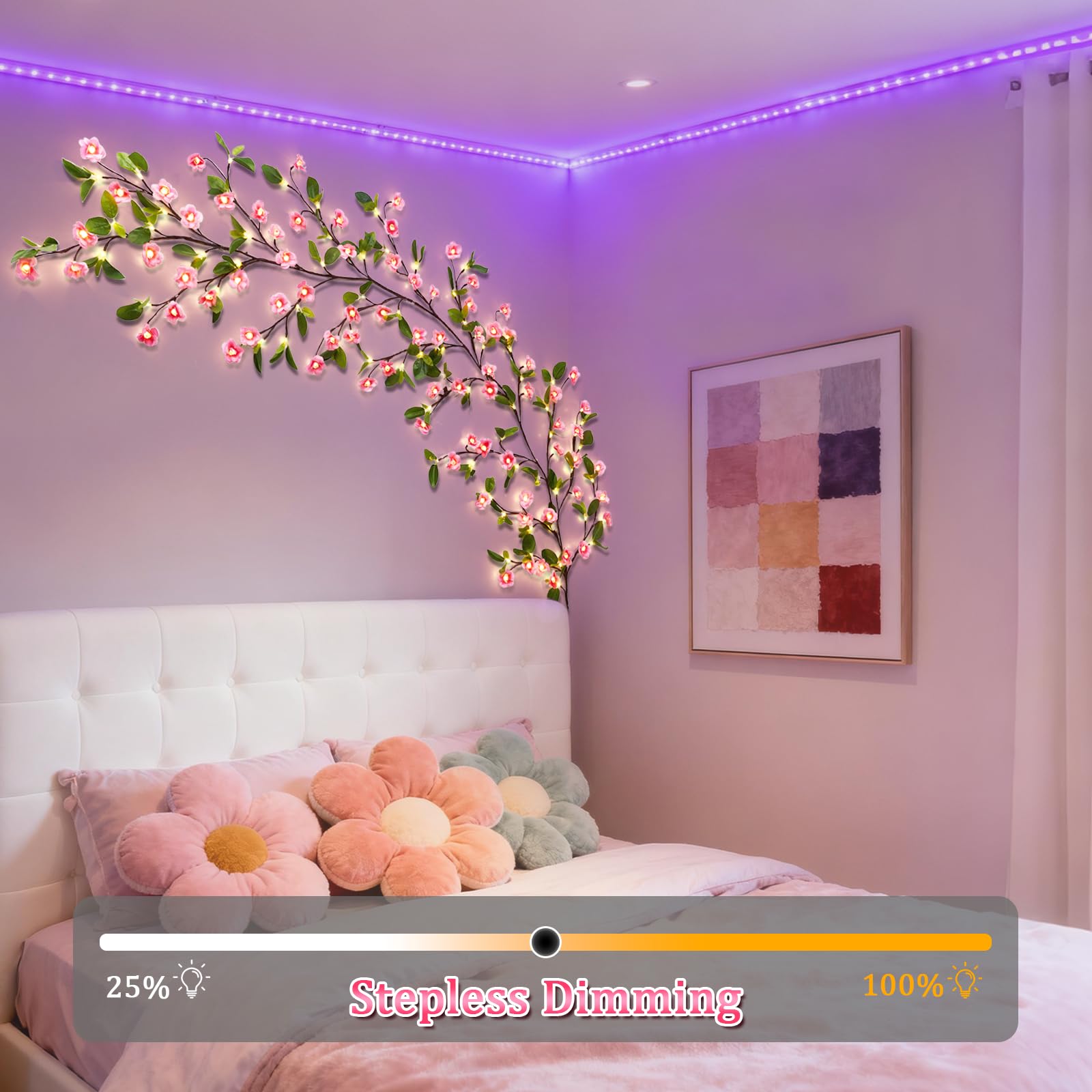 VIMAZ LED Cherry Blossom Tree Branch Lights for Wall,Cherry Blossom Light with Remote,Timer,8 Lighting Modes (2.3m 144LED(with Leaf)) - Image 2