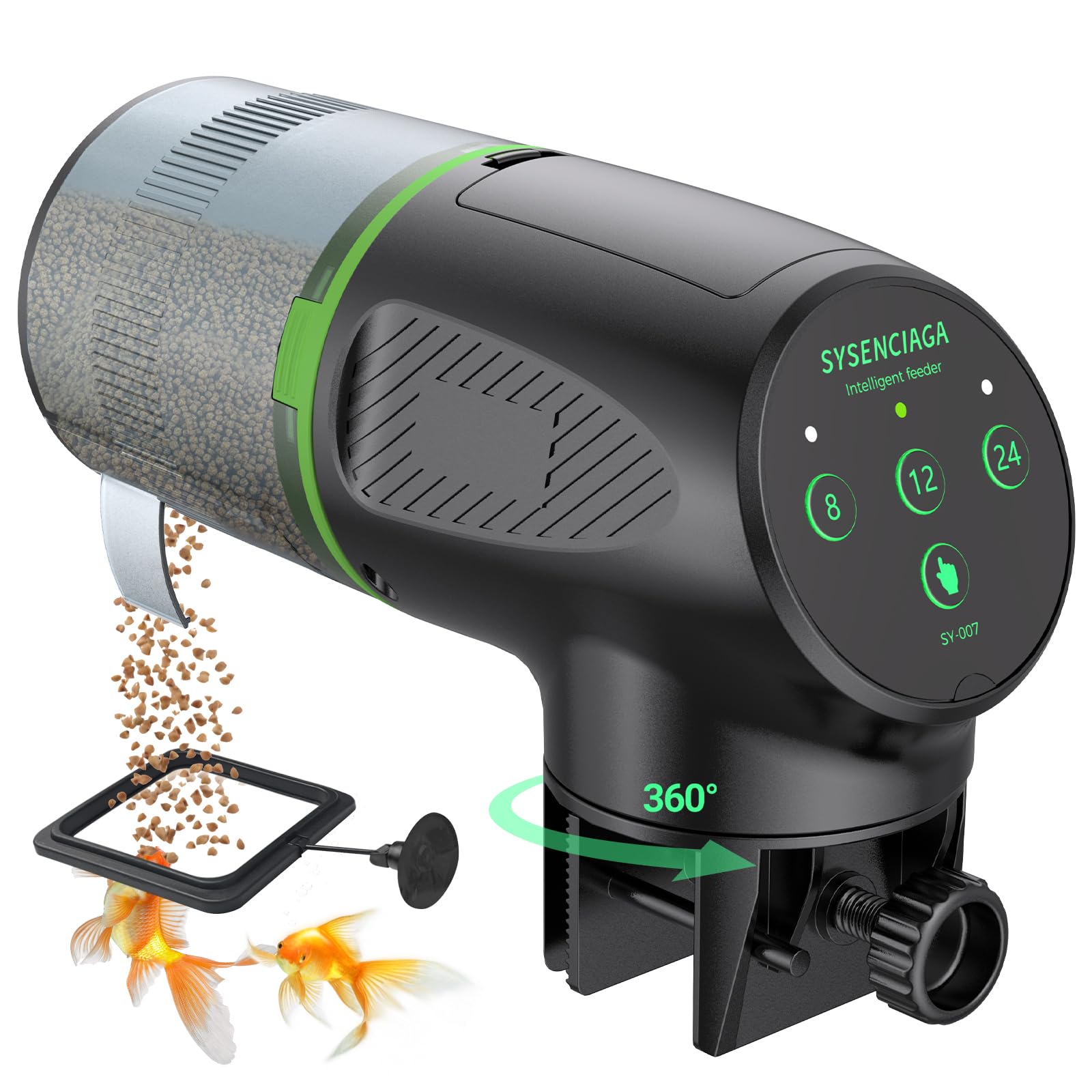 Automatic Fish Feeder for Aquarium, Auto Food Dispenser with Timer, 200 ml Fish Feeder for Pellets Granules & Strips, 360° Rotation Automatic Fishs Dispenser for Small Tank, Big Aquariums & Pond