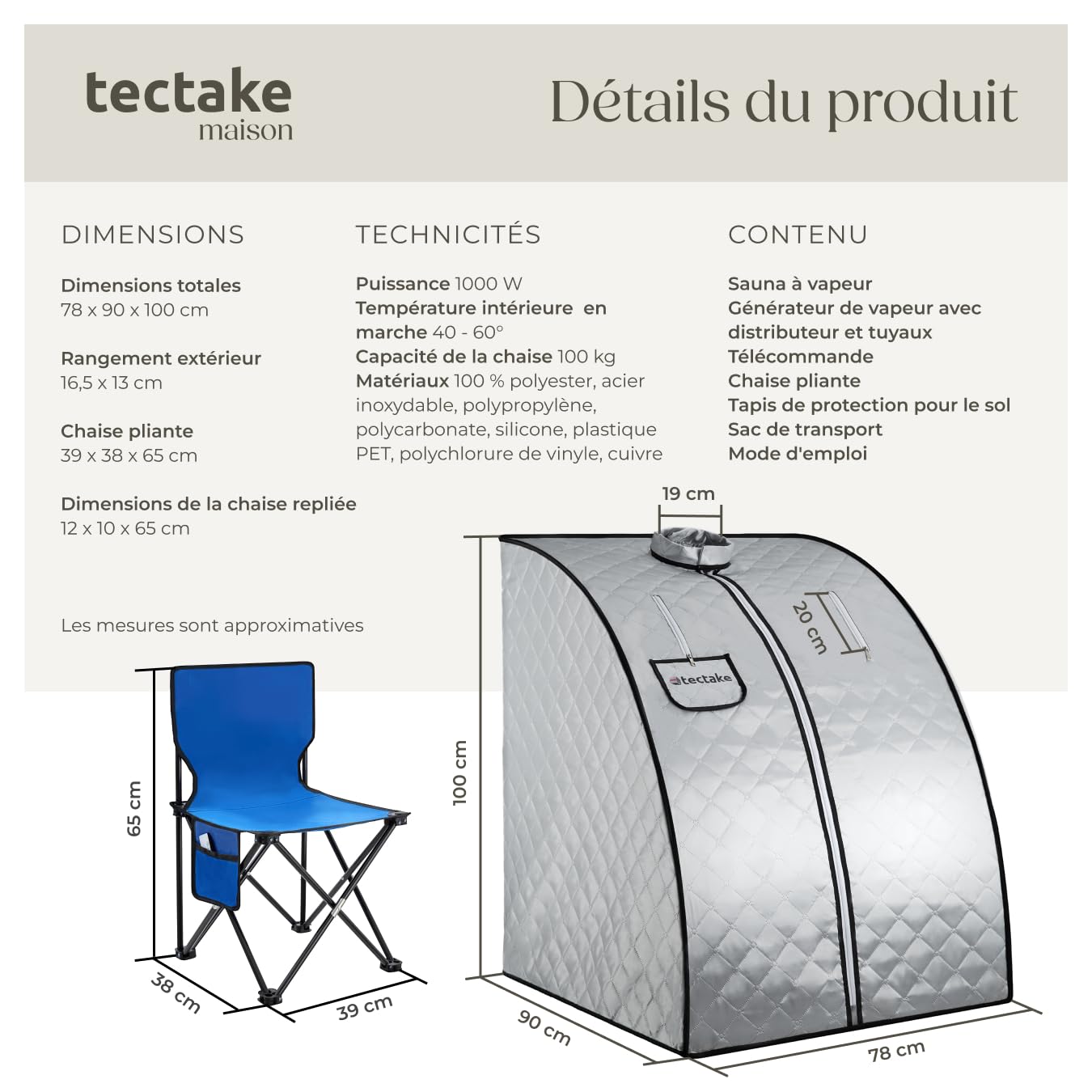tectake® Sauna à Vapeur Pliable et Portable 90 x 78 x 100 cm, Sauna Portable 1000W 15 Températures et Minuterie, Appareil à Vapeur, Télécommande, Chaise Pliante, Tapis Protection, Sac de Transport