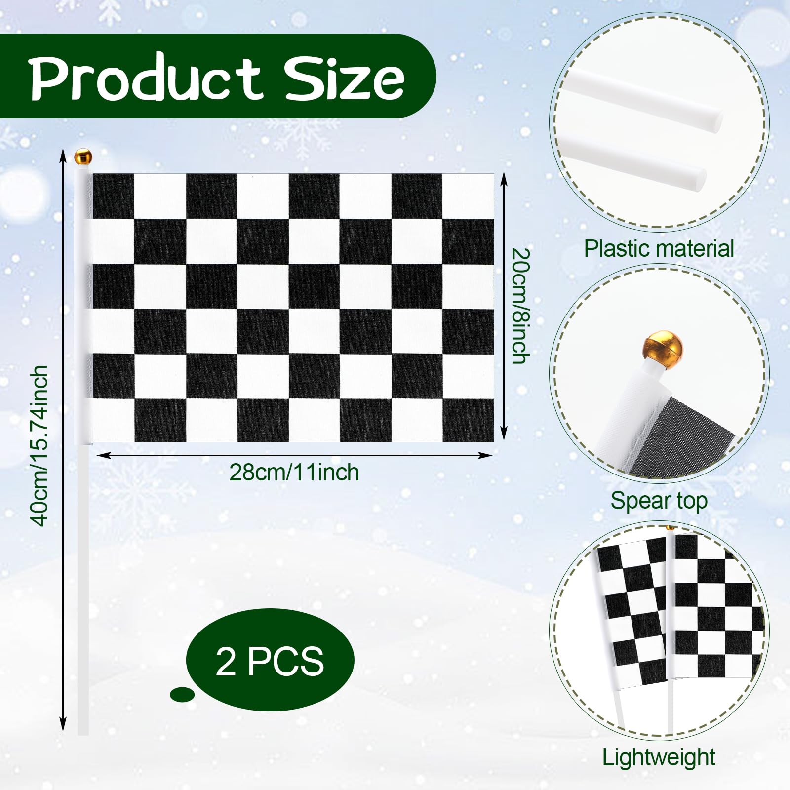 Hiboom Lot de 15 décorations de sapin de Noël à carreaux, 12 boules de Noël noires et blanches, 1 jupe de sapin de Noël à carreaux, 2 drapeaux de course en polyester avec bâtons en plastique pour fête