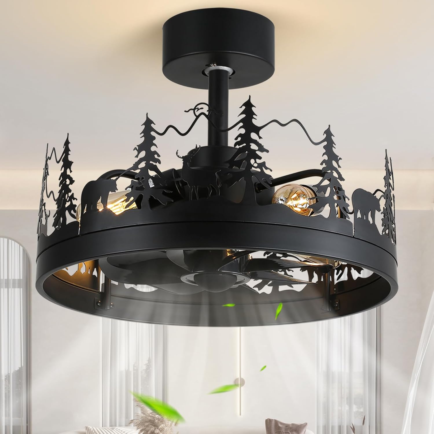 Rustic Ceiling Fans with Lights and Remote, Black Caged Ceiling Fan with Bear and Deer Design, Outdoor Fandelier, Reversible DC Motor，18 inch Farmhouse Chandeliers for Kitchen, Bedroom, Hallway