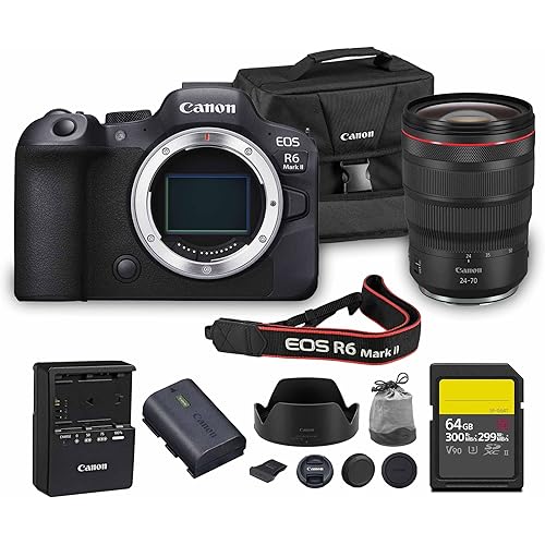 Canon EOS R6 Mark II Mirrorless Camera | 24.2MP Full Frame Sensor 4K 60p Video | Dual Pixel AF in-Body Stabilization for Professionals (5666C002) + Canon RF 24-70mm Lens + 64GB Card + Canon Bag