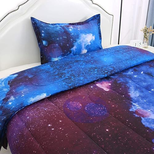 Miniatura 4 de uxcell Juego de edredón tamaño individual Galaxy azul oscuro para cama individual, ropa de cama con temática del espacio exterior 3D, diseño