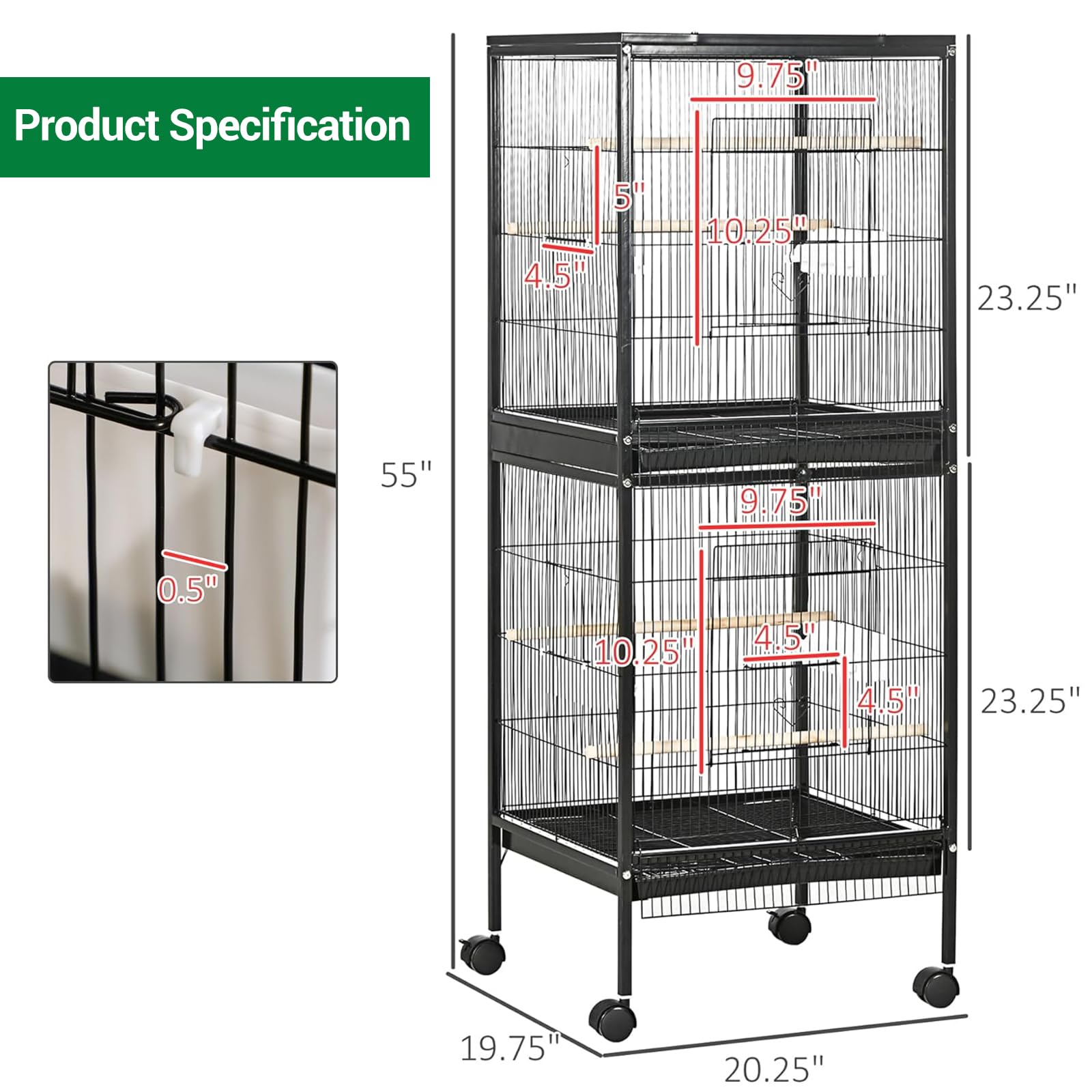 Vogelkäfig Groß 52 x 50x143cm, Papageienkäfig mit Ständer, Voliere auf Rollen, Birdcage mit 4 Sitzstangen, Vogelvoliere mit Rollen, Nymphensittich Käfig, Vogelkäfig Wellensittich