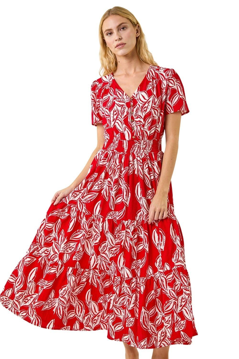 Roman Women's Red Leaf Print Shir Maxi Dress In | : Size 10