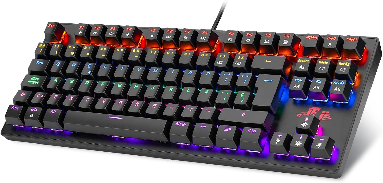 Rii Teclado Gaming TKL Mecánico 1 Rii Teclado Gaming Mecánico, 22 Modos de retroiluminación, Interruptores Azules, Anti-ghosting, QWERTY Español (TKL (88 Teclas))