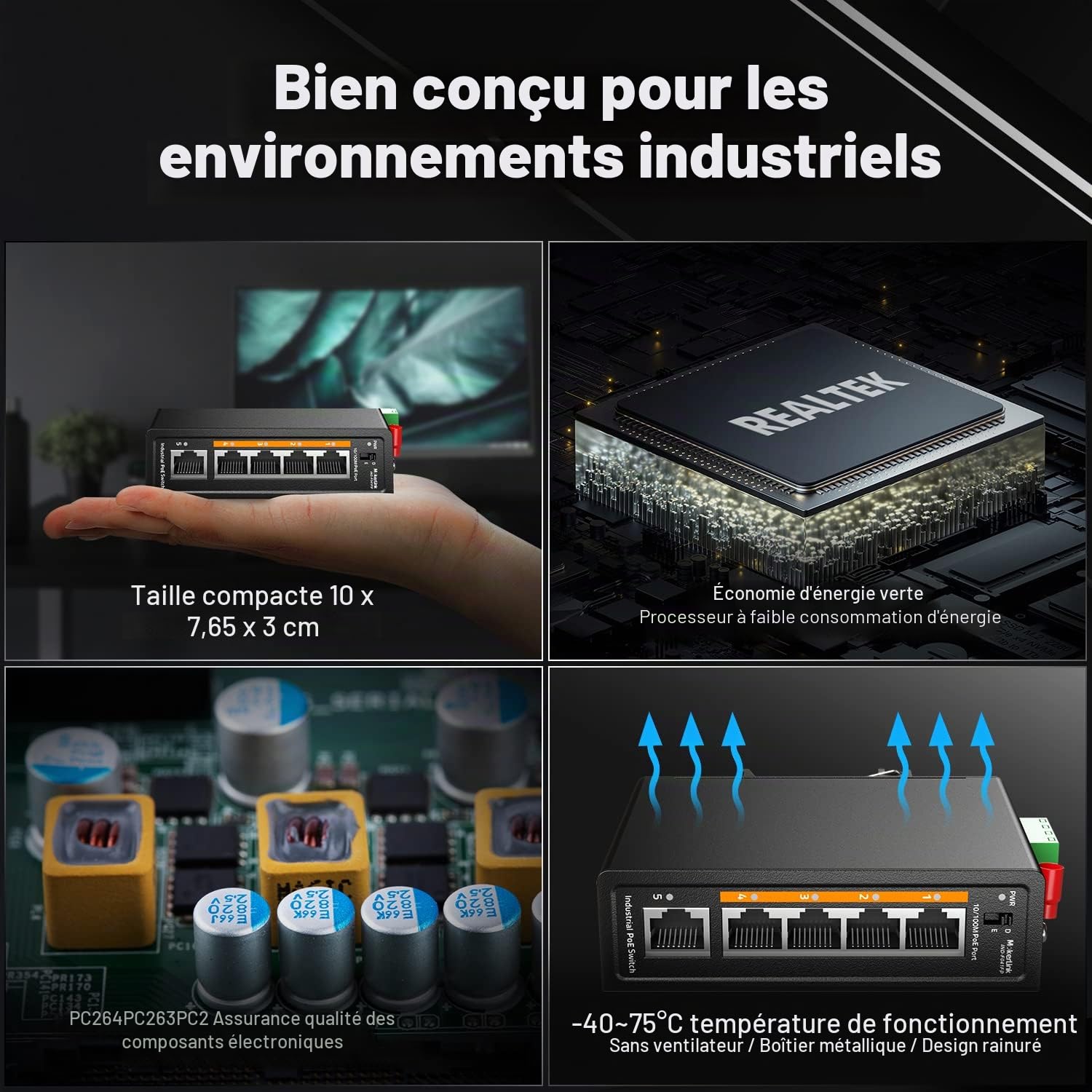 MokerLink Switch Industriel 5 Ports PoE+ sur Rail DIN, 4 Ports PoE+ IEEE802.3af/at, 1 Liaison Montante, Fast Ethernet 10/100 Mbps, Rail DIN et Montage Mural Inclus
