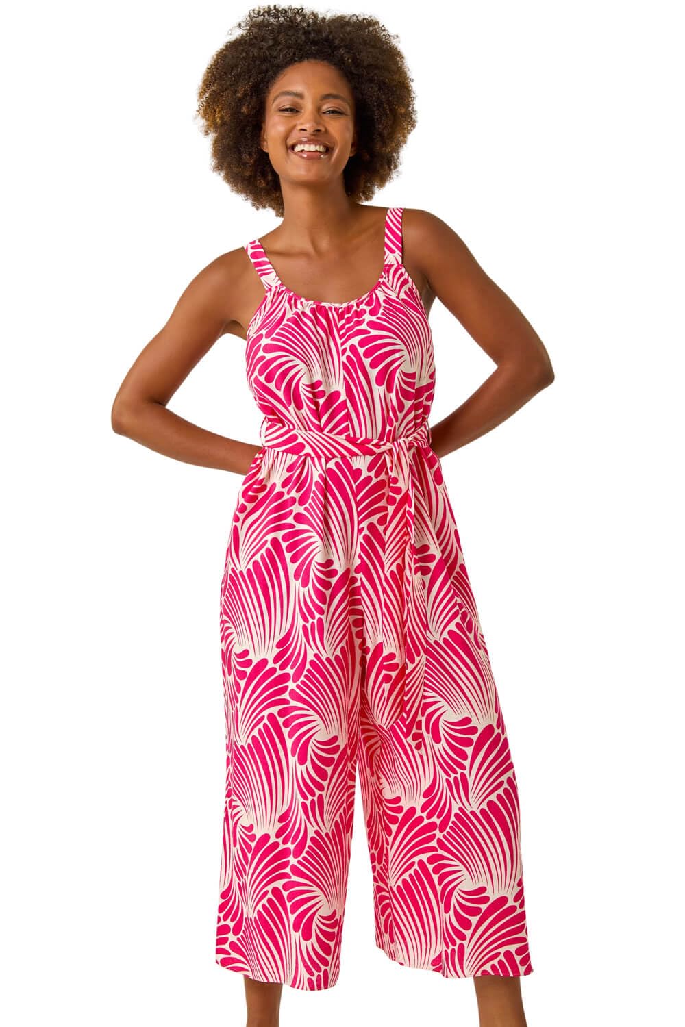 Roman Originals Women's Pink Abstract Strappy Jumpsuit For Uk - Everyday Holiday Spring Summer V-Neckline Comfy Soft Evening Vacation Work Party - Size 16