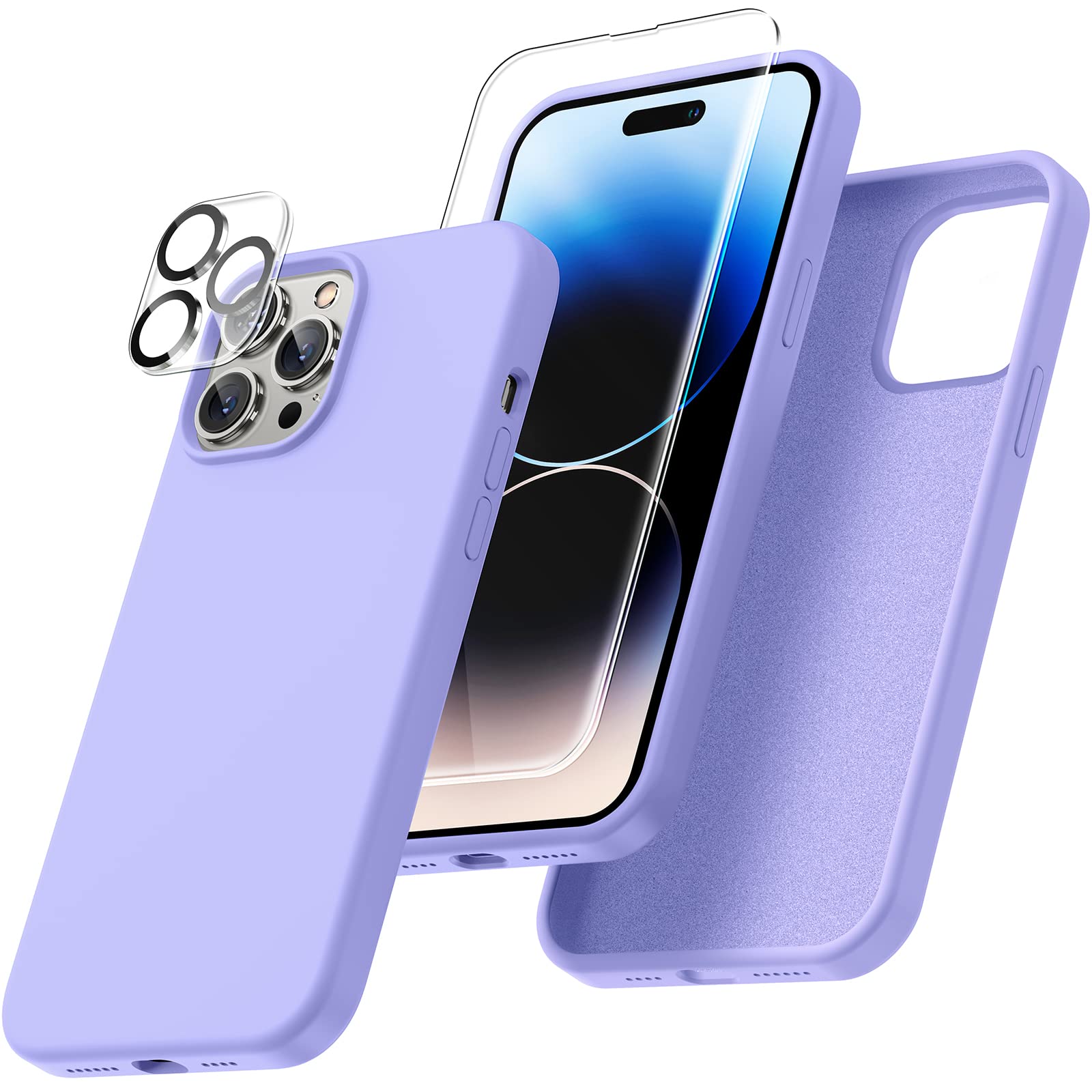 Uyiton [5 in 1 Set] Liquid Silicone Case for iPhone 14 Pro Max (6.7 "), 1 Case +2 Tempered Glass +2 Camera Protectors, Scratch Proof Case for iPhone 14 Pro Max - Purple
