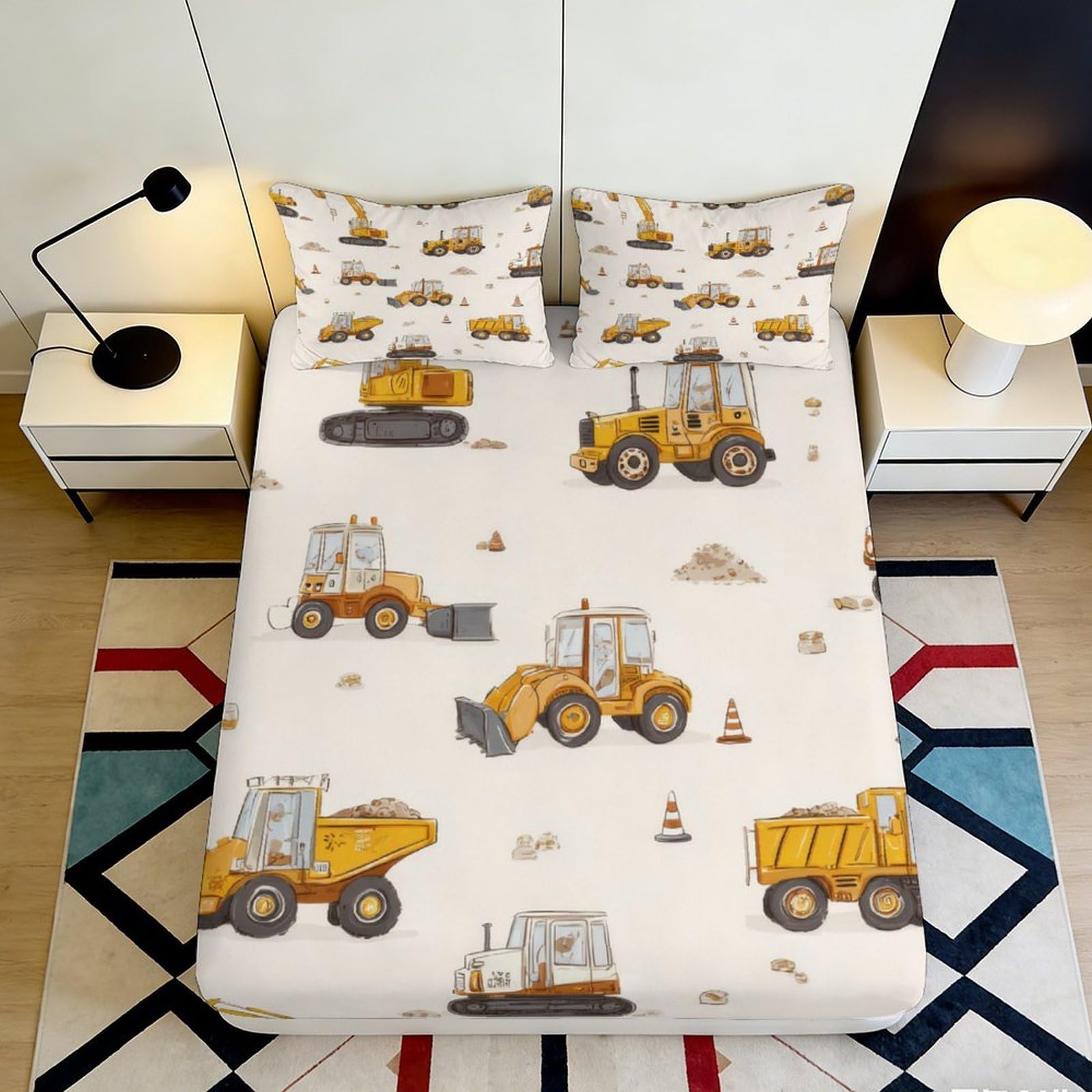 3D Printed Construction Vehicle Fitted Sheet Microfiber Soft Anti-Slip Cartoon Digger Bed Cover for Bedroom Guest Room Mattress 140x200x25cm