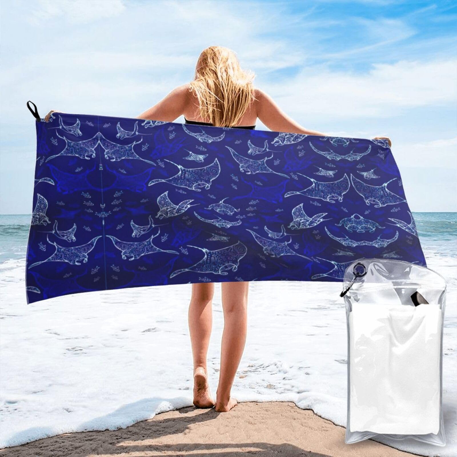 WYCZHY Manta Ray And Fish Print Beach Towel Soft Quick Dry For Spa Pool Gym Vacation Travelers Women Men Adults Sauna Gift