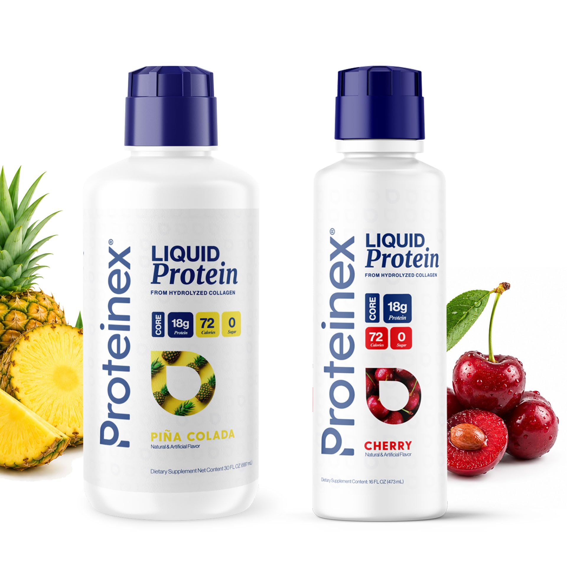 Proteinex Core Liquid Collagen Peptides Bundle – Piña Colada 30 oz + Cherry 16 oz | 18g Complete Protein | Doctor Recommended | Supports Recovery & Wound Healin