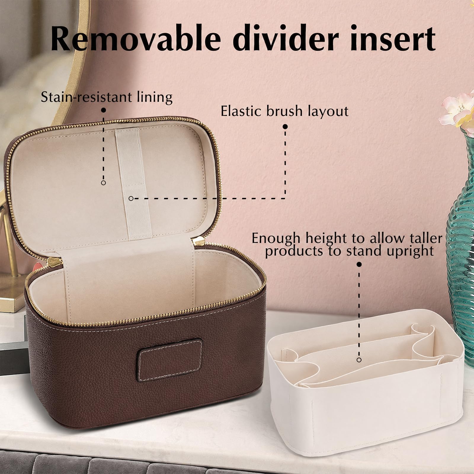 Kosmetiktasche Groß, Lederimitat Kulturtasche Damen, Travel Make Up Bag mit Fächern und Griff, Reise Leder Beauty case Schminktasche Hartschale