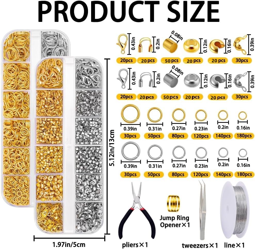 Image of Dhruv Crafts 1520PCS Crimp Beads for Jewelry Making,Open Jump Rings Jewelry Crimp Beads Covers Tubes Lobster Clasps Necklace Repair Kit with Pliers for Crafts DIY Jewelry Making(Silver & Gold)