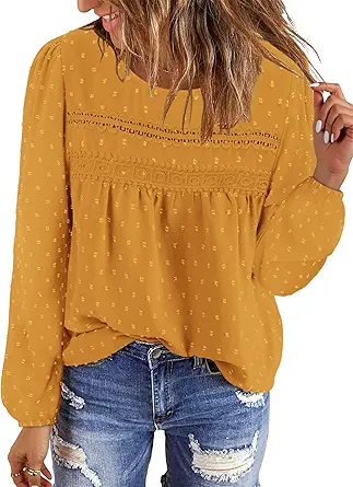 BETTE BOUTIK Womens Boho Fall Long Sleeve Shirts Crewneck Dressy Casual Blouses Trendy Flowy Tops