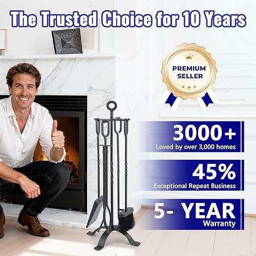Miniatura 5 de Amagabeli - Juego de 5 herramientas de chimenea de hierro forjado para interiores con pinzas de póquer, escoba y pala, herramientas de fuego, juego