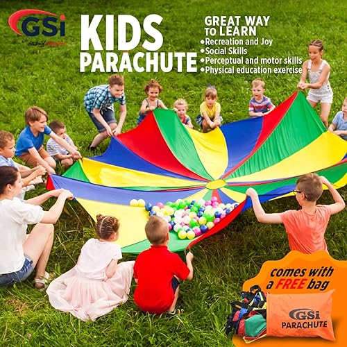 Miniatura 5 de GSi Kids Play Parachute 24 Ft, 30Ft, 35Ft Toy with Handles and Carry Bag for Cooperative Play and for Upper-Body Strength  Multi-Colored