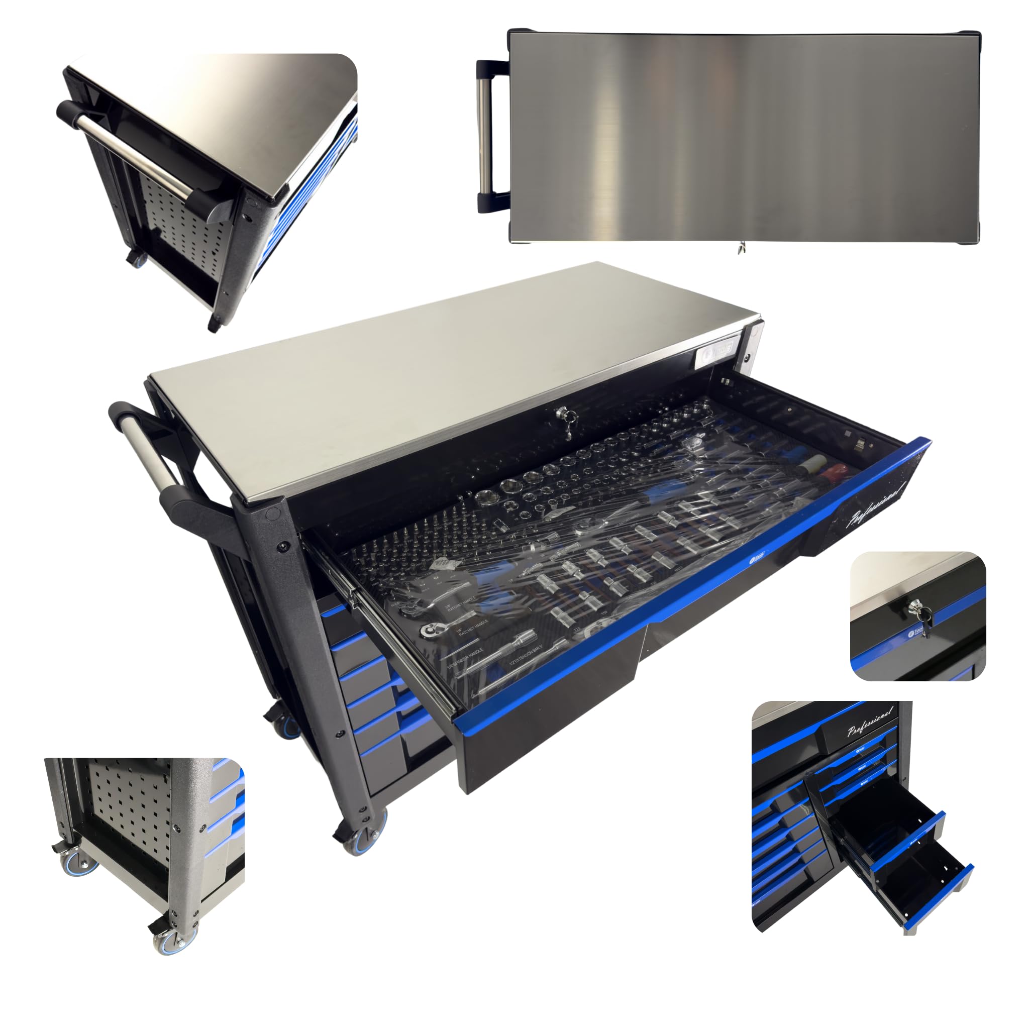 Carrello professionale da officina con 12 cassetti, carrello portautensili con set di attrezzi, blu, richiudibile, con ruote