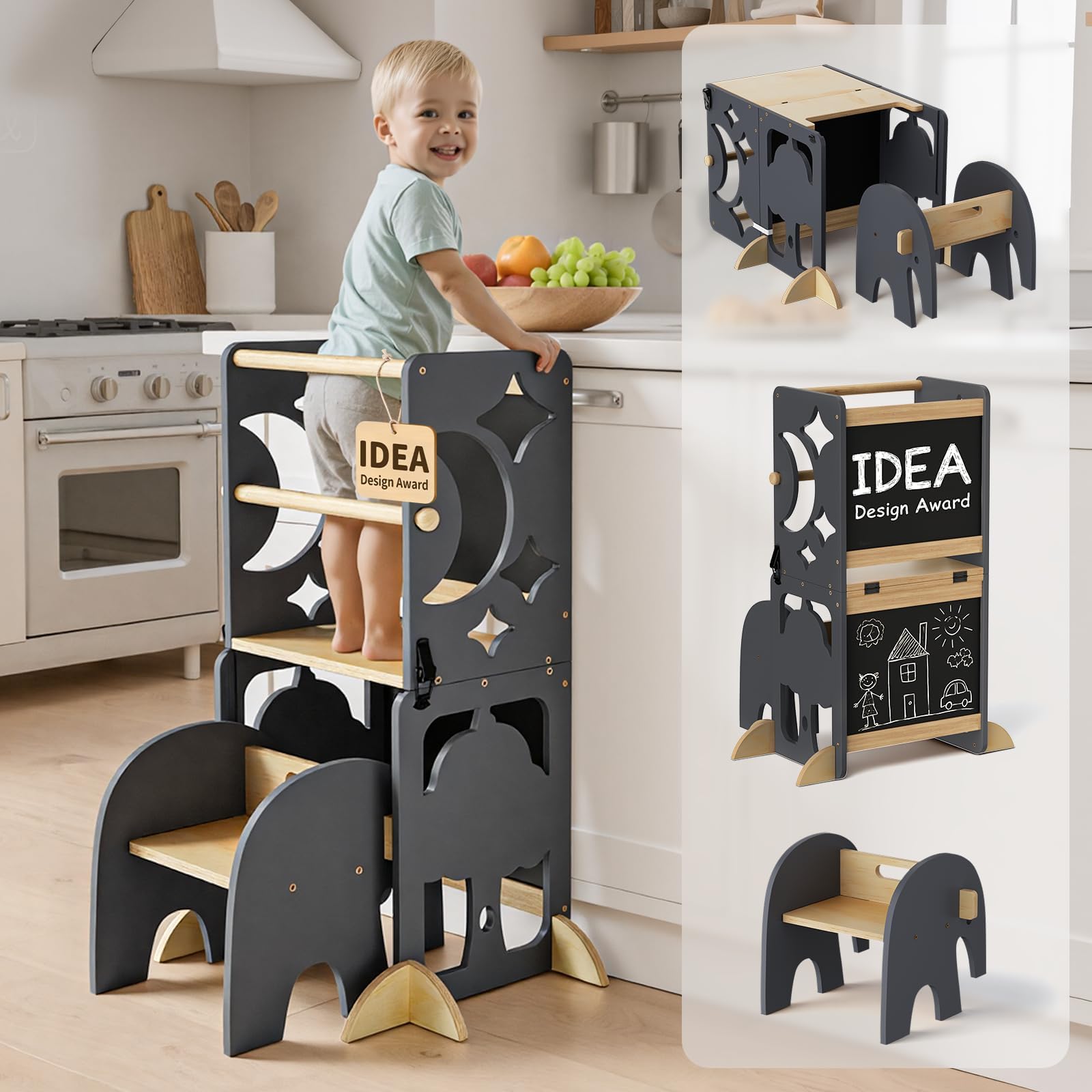 4-In-1 Toddler Kitchen Step Stool - Foldable Learning Standing Tower with Blackboard - Convertible Wooden Kitchen Stool Helper for Kids Boys Girls (Grey & Natural)