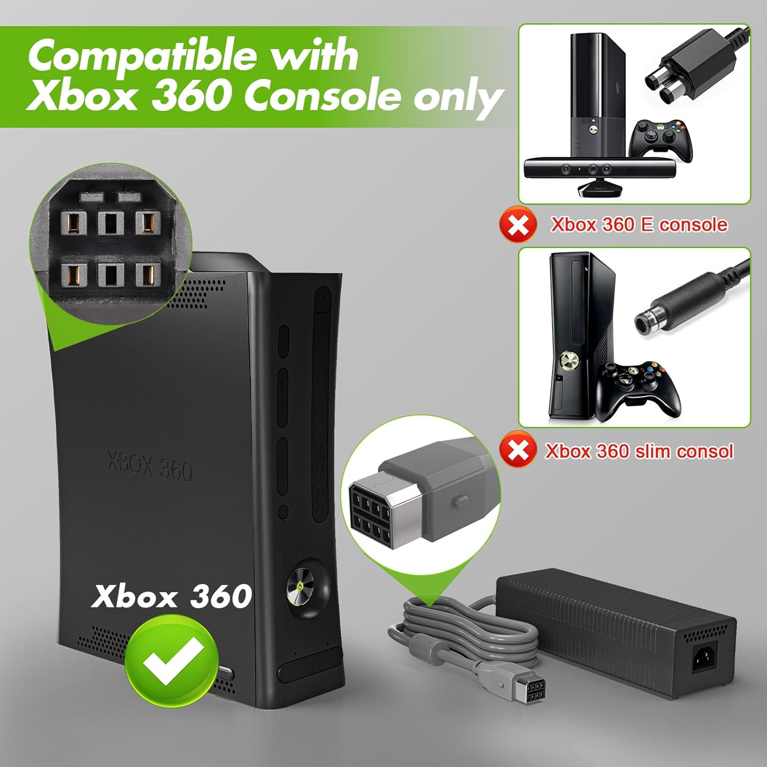 AC Adapter for Xbox 360 Console,203W Power Supply Brick with Cord,Replacement Power Brick for Xbox 360 Fat Console(Not Fit for Xbox360 Slim/Xbox360 E Console) - Image 3