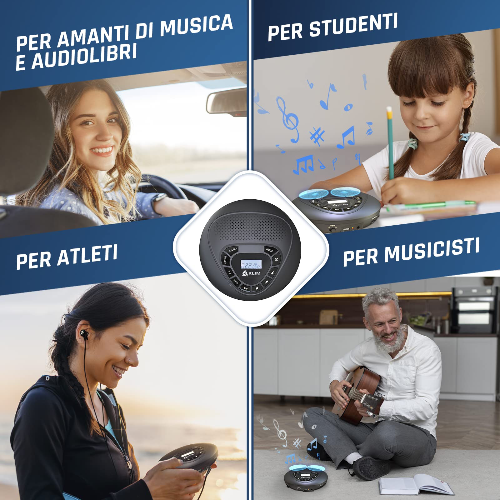 Lettore CD Portatile Stereo con Altoparlanti, Batteria Ricaricabile, microSD, AUX per Auto