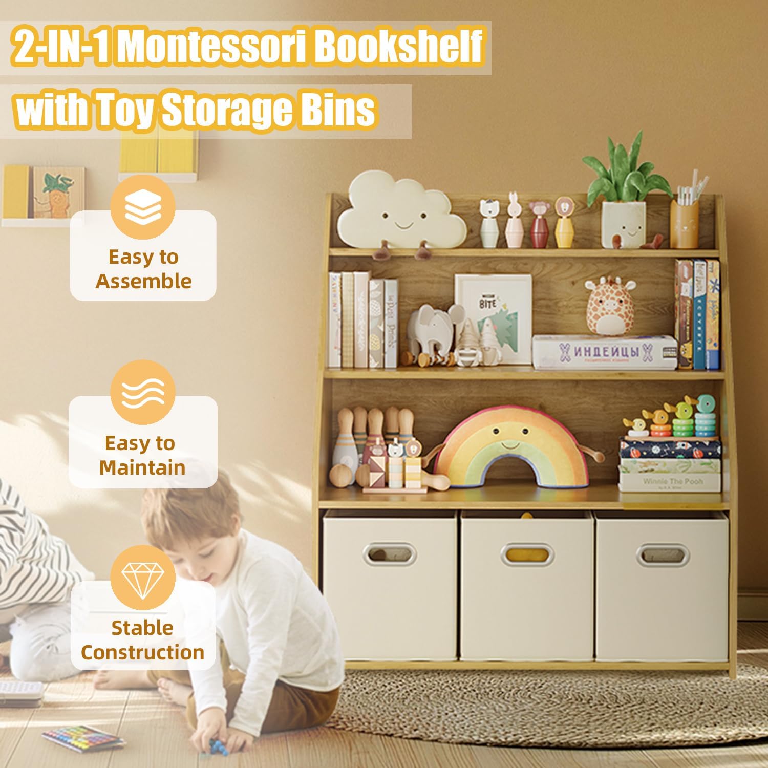 Kids Bookshelf and Toy Organizer, 3 Tier Toy Organizer Organizer with 3 Removable Drawers, Montessori Toy Rack, Kindergarten Bookshelf, Kids Room, Living Room, Nursery